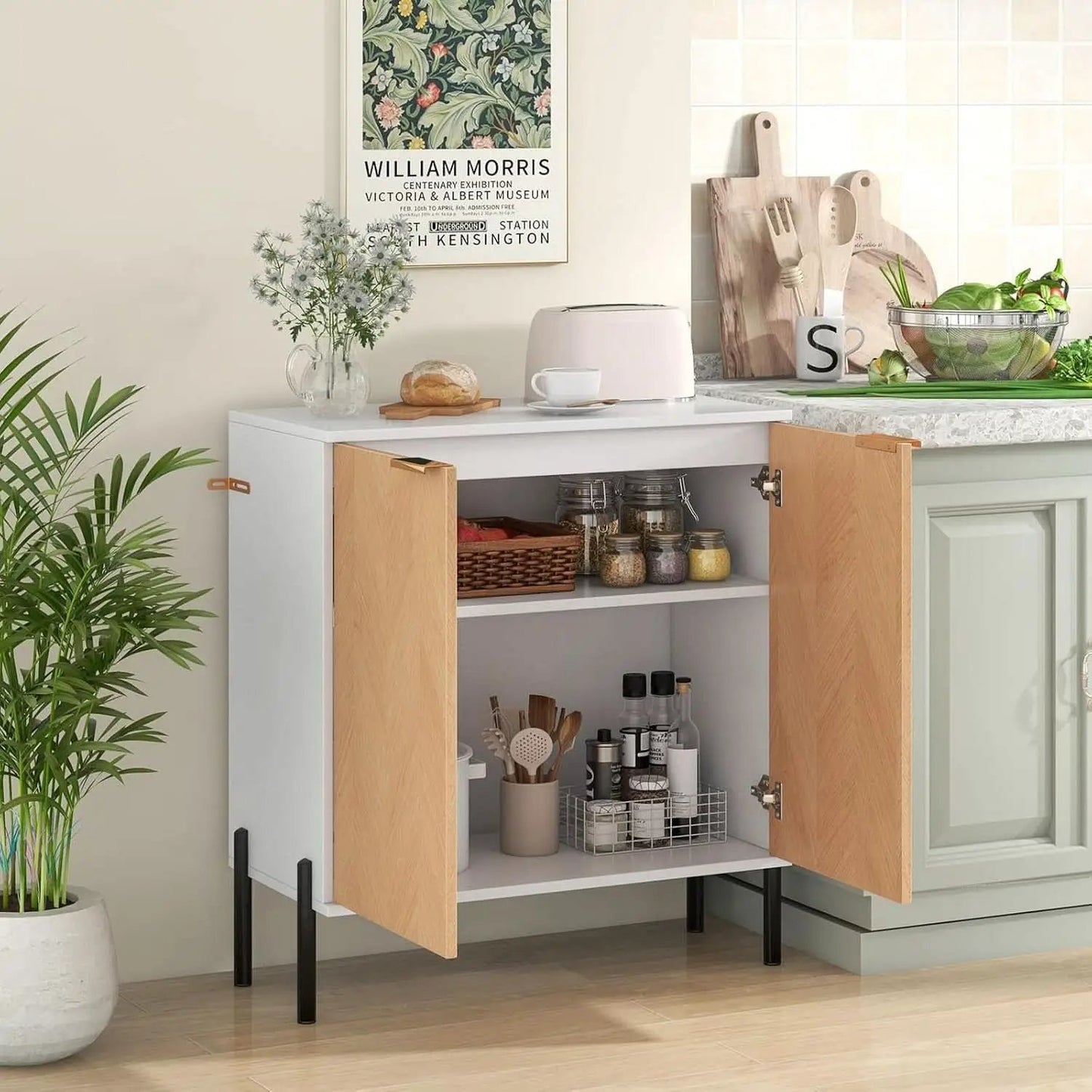 Buffet Cabinet With Storage White Natural 2 Door Modern