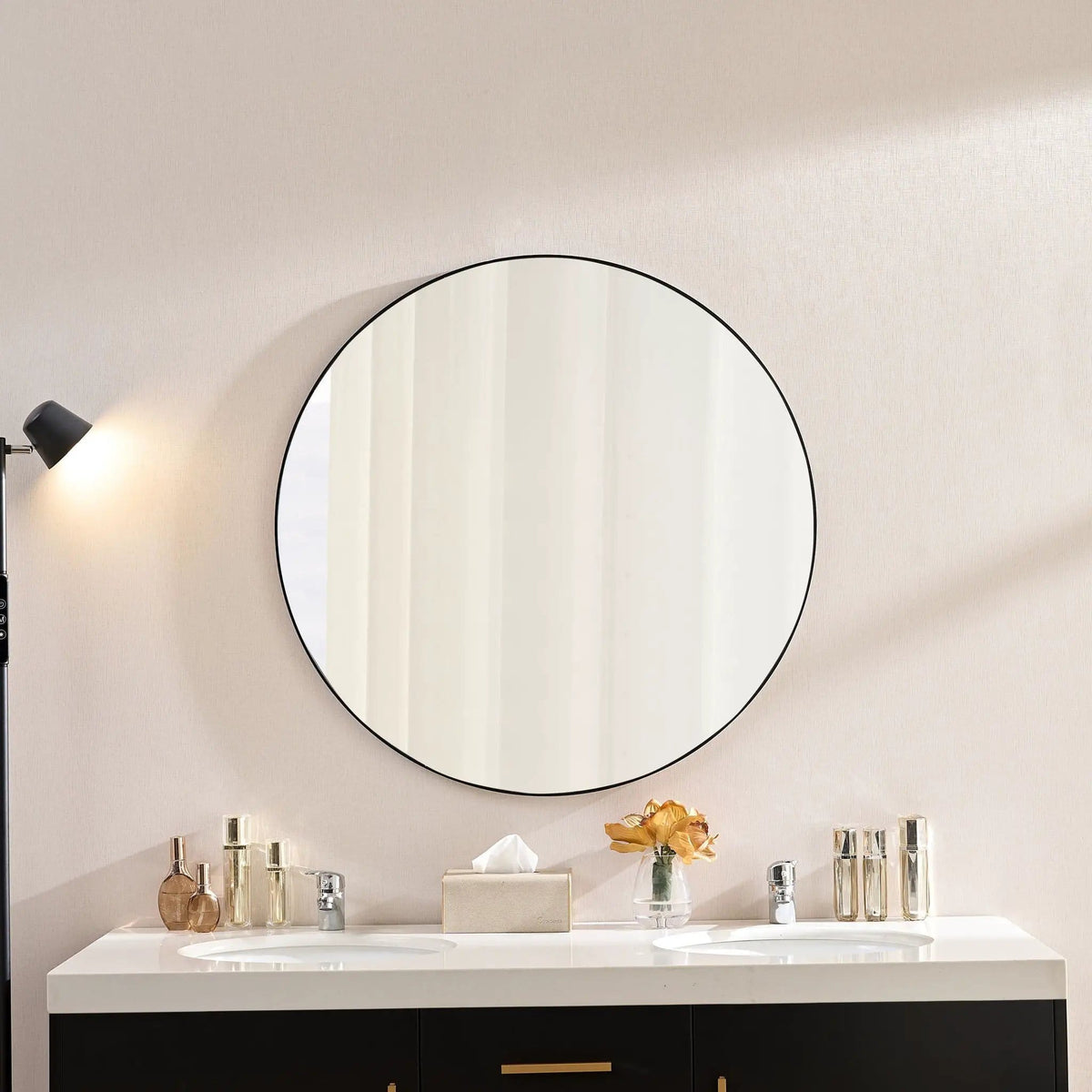 Wall Circular Framed Vanity Mirror For Bathroom, Living Room Decor - | 36 x 36 x 0.75 in | Metal & Aluminum | Black