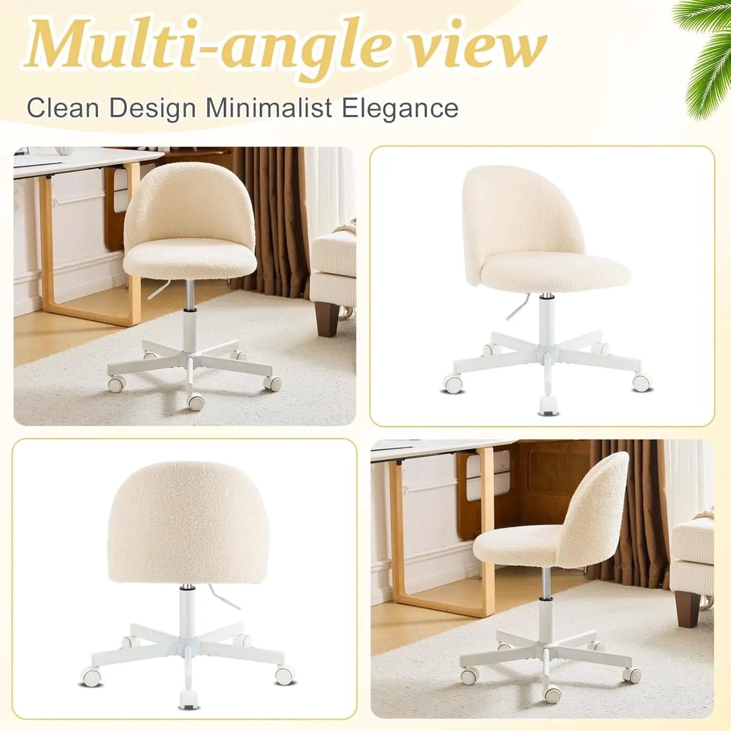 Armless Creamy Beige Teddy Fleece Office Desk Chair With Wheels from PriceLows™