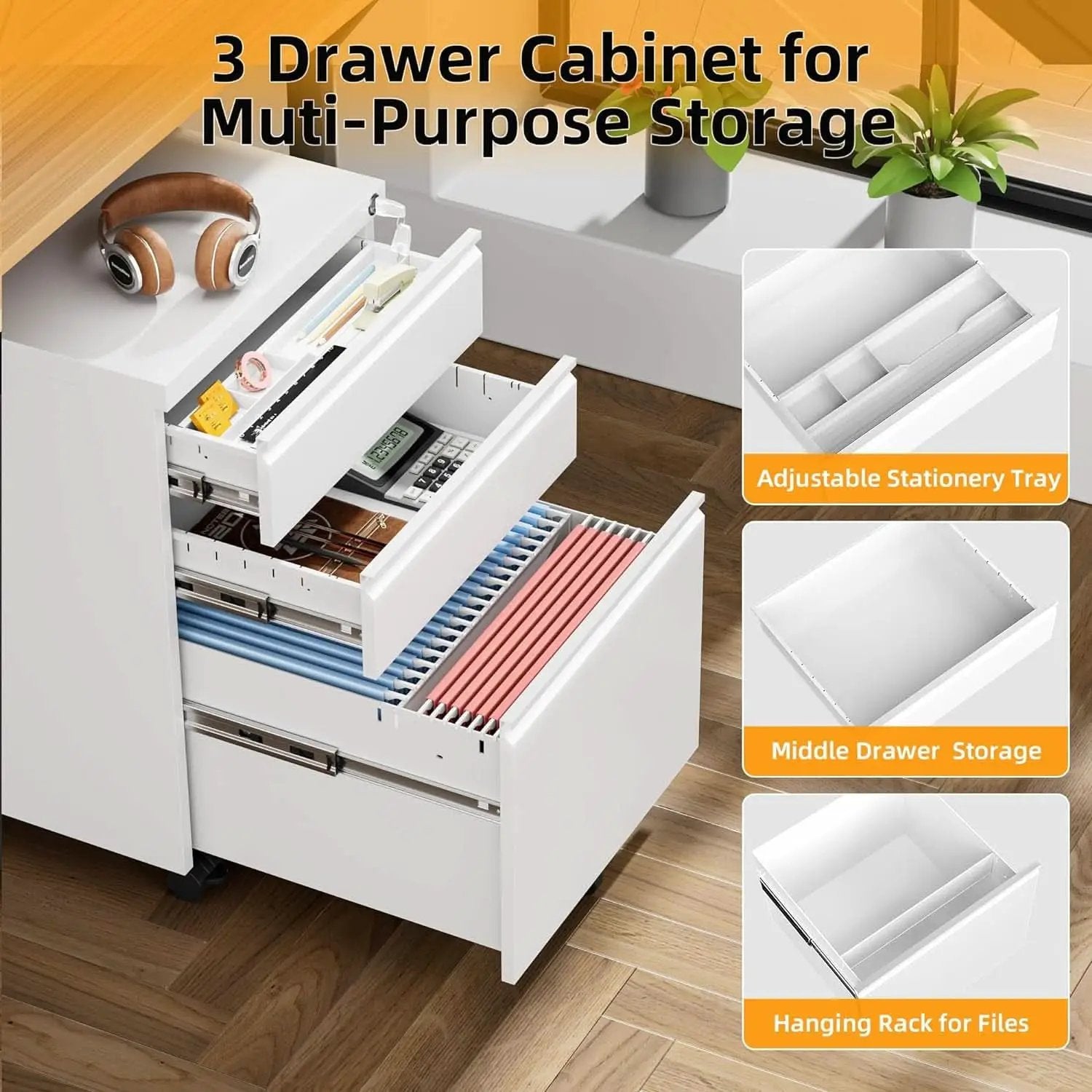 Locking 3-Drawer Rolling File Cabinet For Home Office from PriceLows™