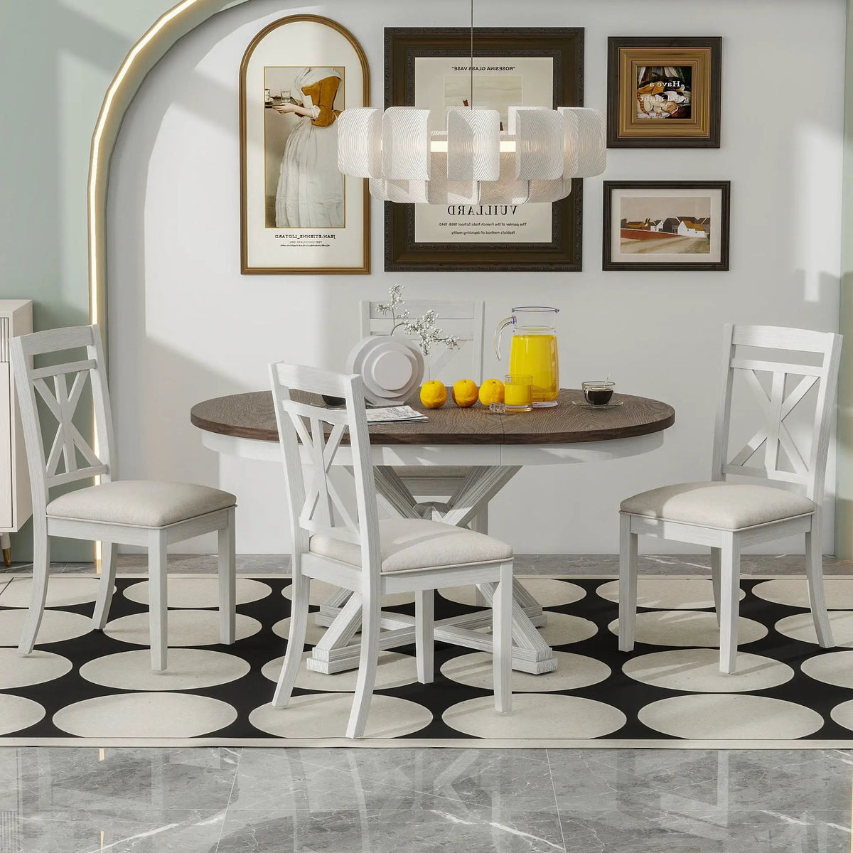 Dining Set | Extendable Round Table | 4 Upholstered Chairs | Linen