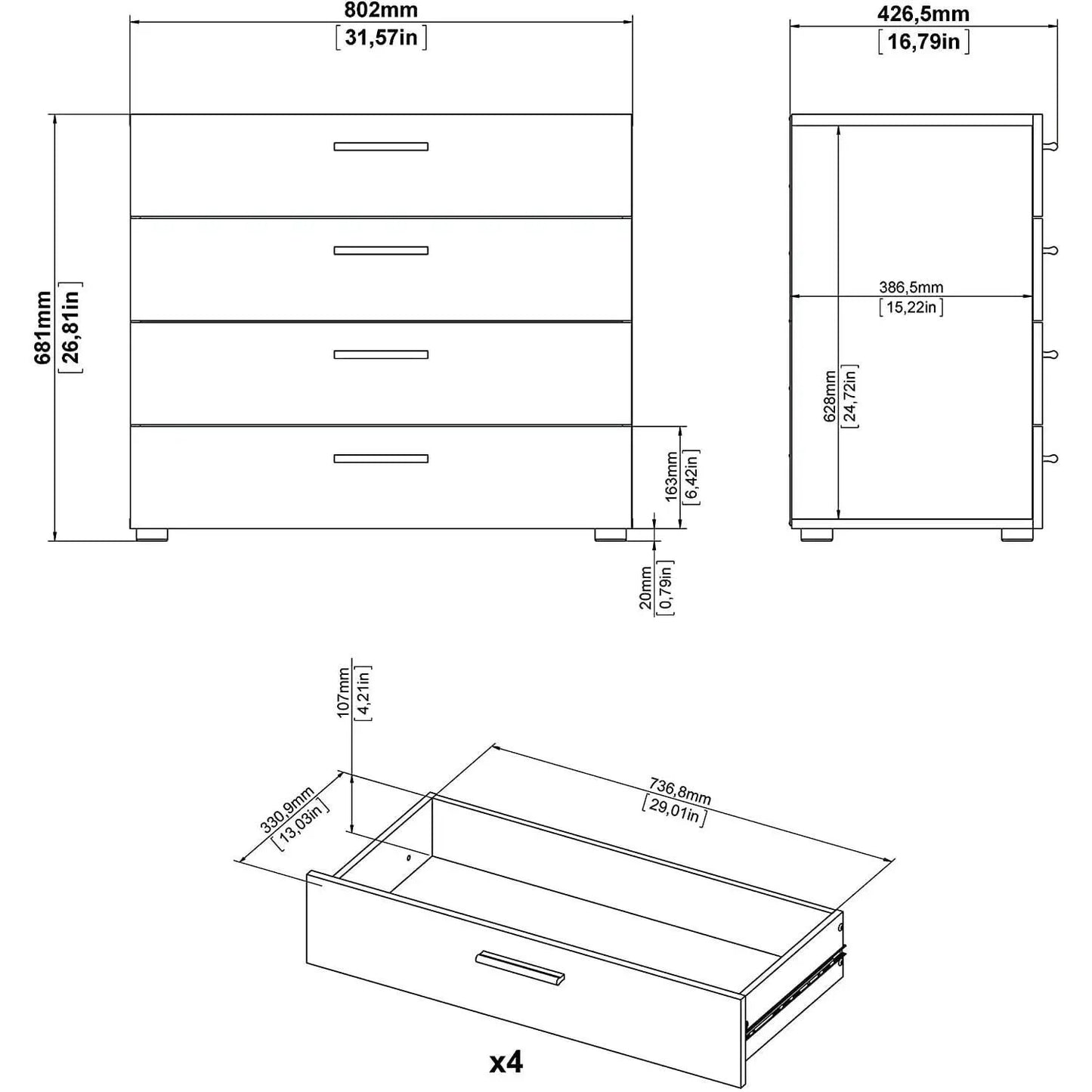 Oak Structure Four Drawer Chest With Silver Bar Handles from PriceLows™