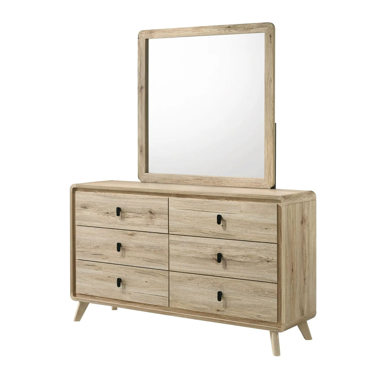 Beige 6 Drawer Dresser | Mid-Century Style | Curved Edges | Wood-Inspired Finish