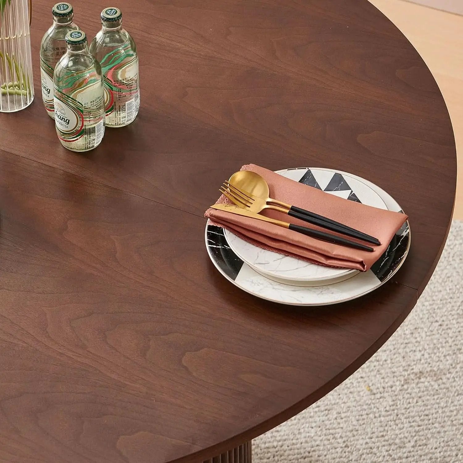 Forty Seven Inch Round Dining Table Set Walnut Finish Woodgrain Chairs from PriceLows™