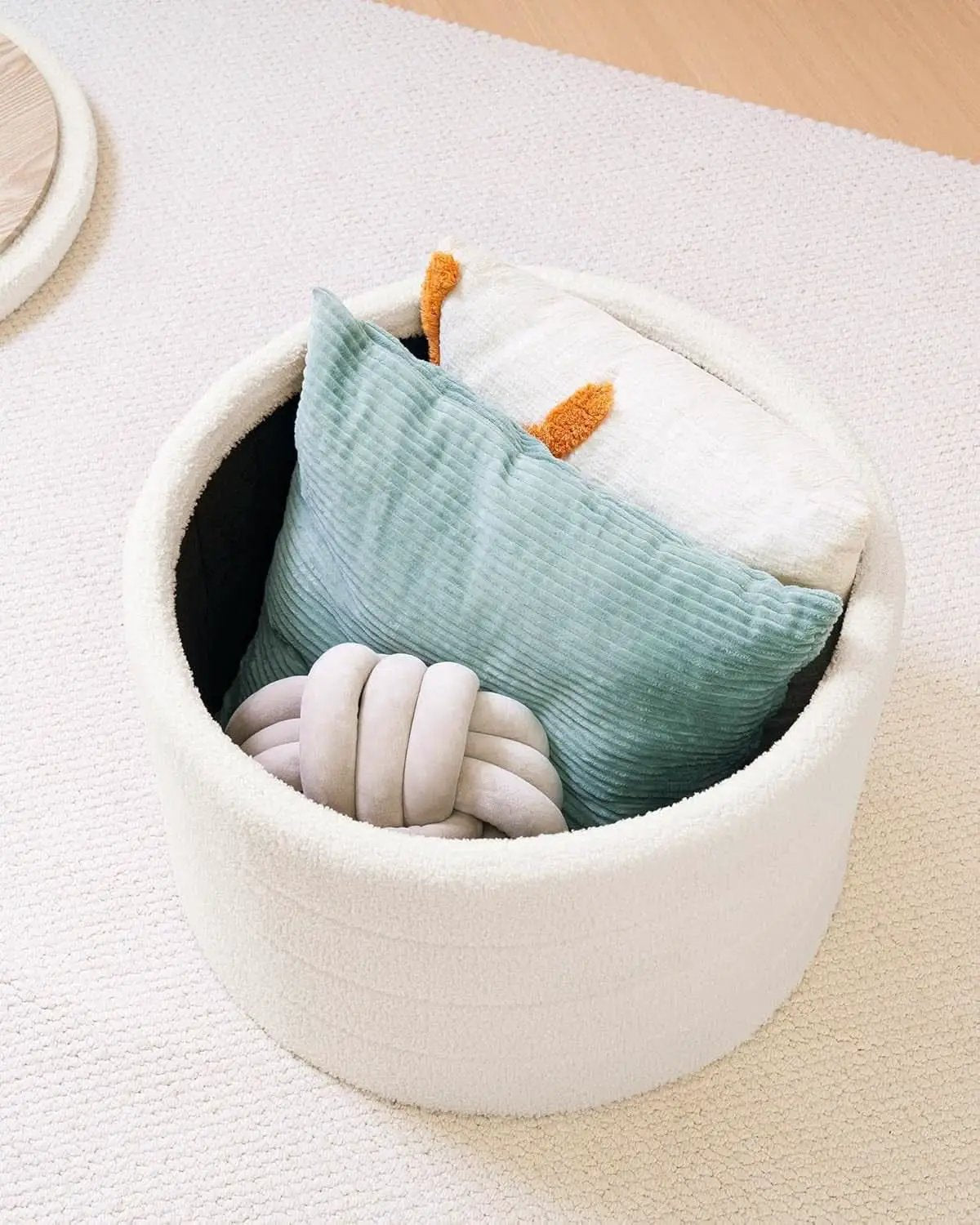 Round Sherpa Boucle Storage Ottoman White 22 Inches from PriceLows™