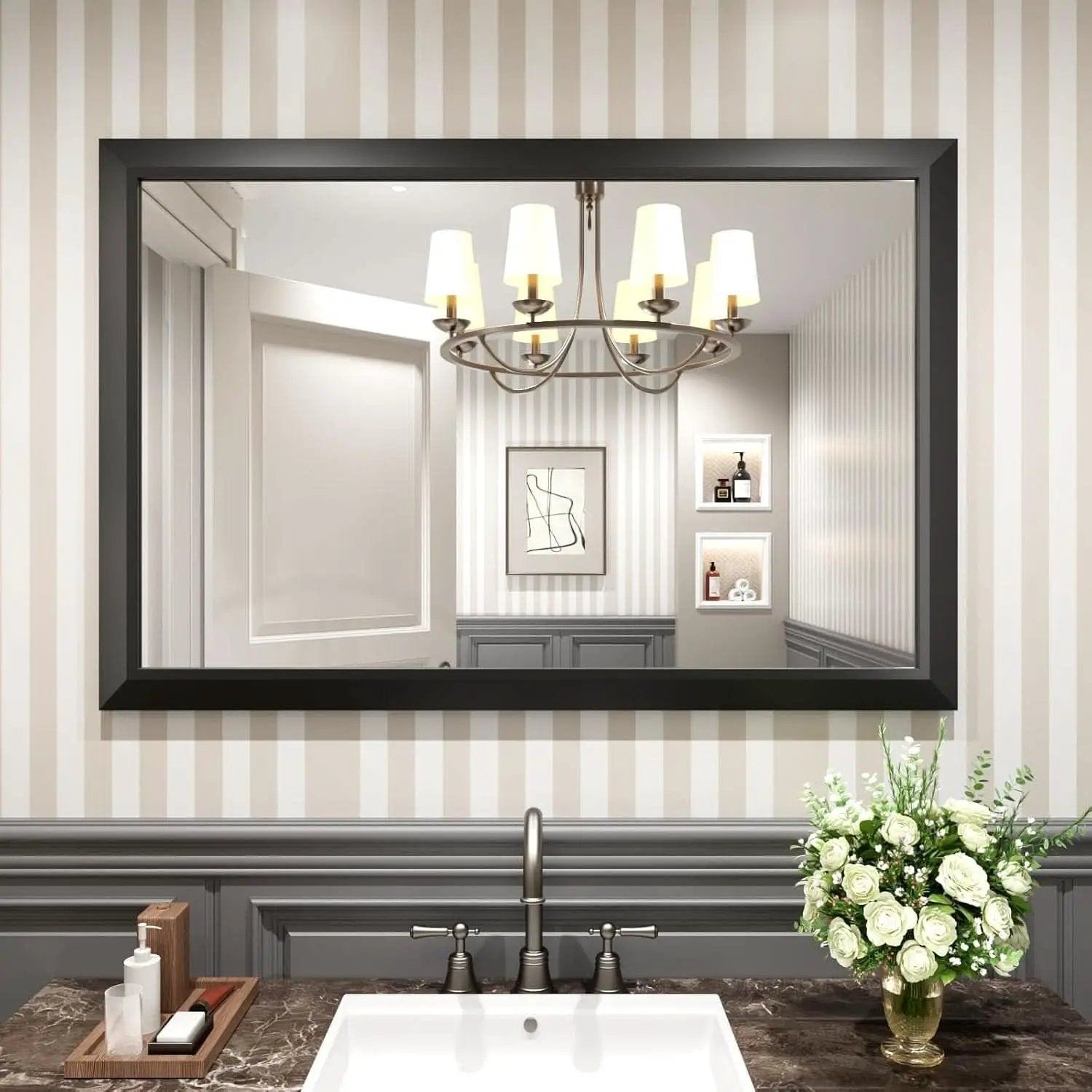 Black Bathroom Mirror 48x32 Wall Mounted Large Vanity from PriceLows™