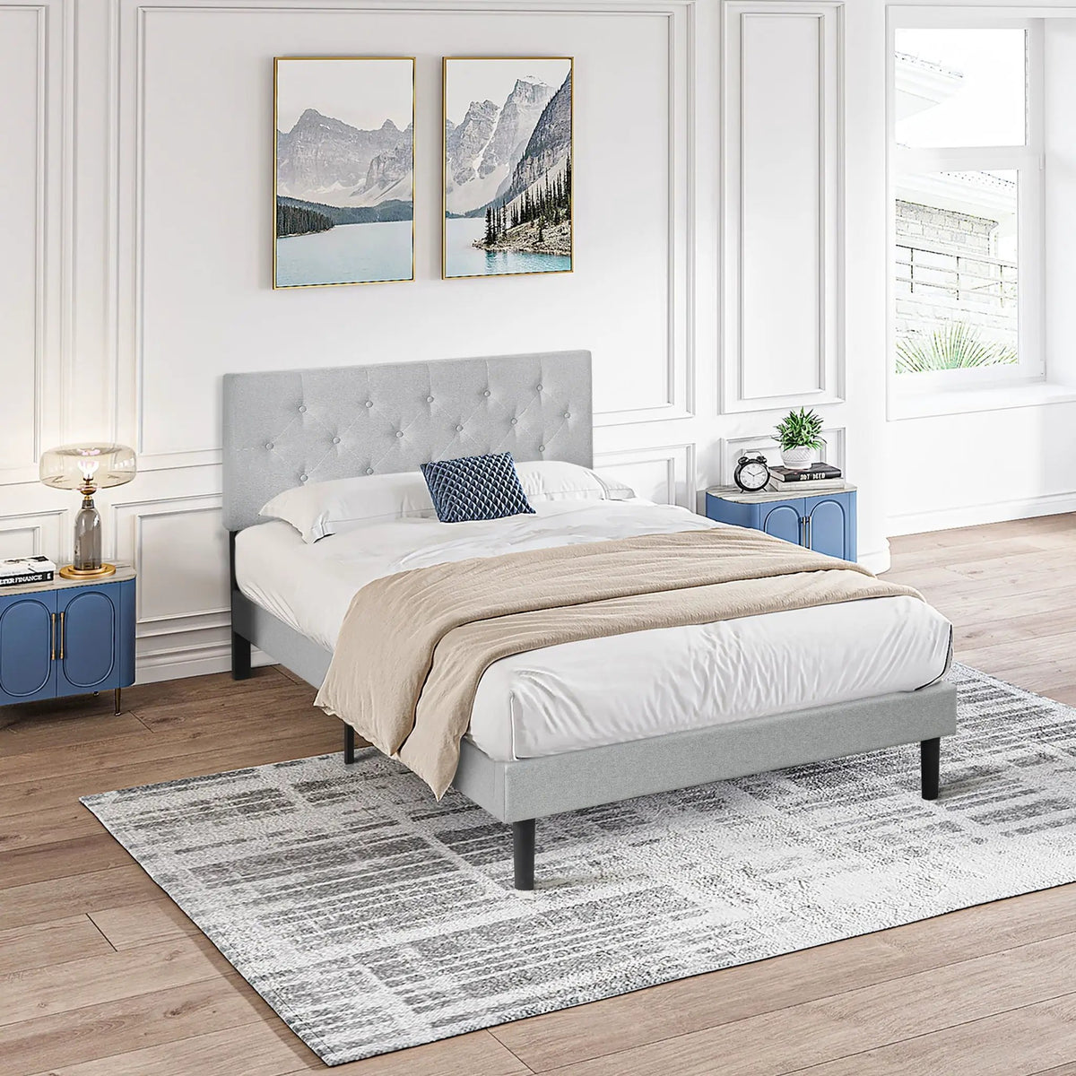 Platform Bed Frame | Button Tufted Headboard | Box Spring Free