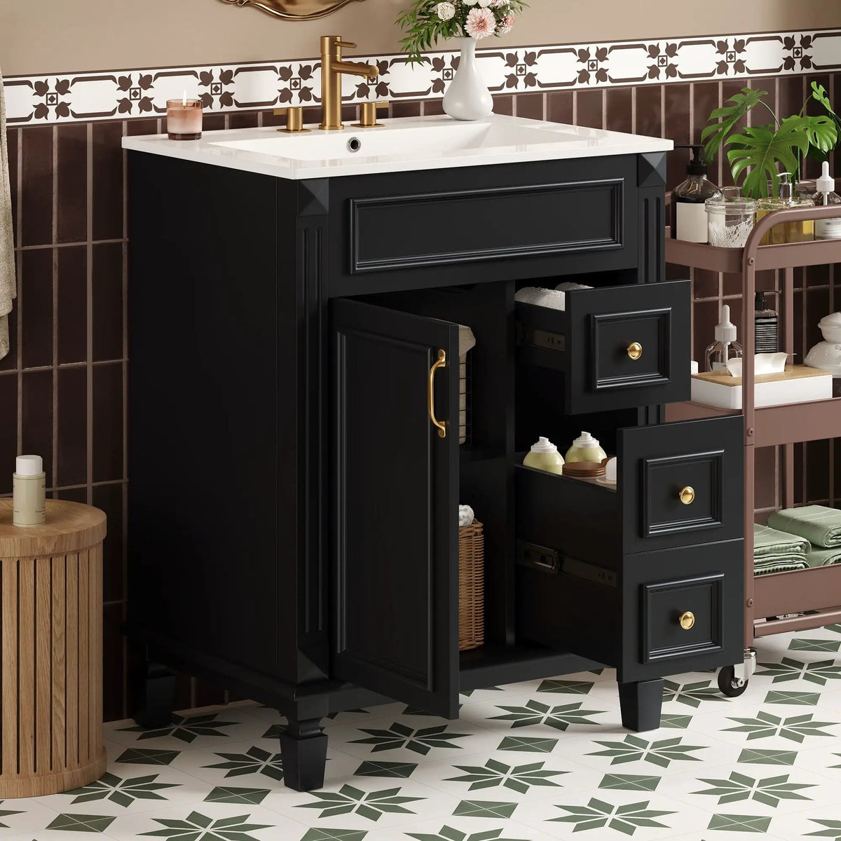 24 Inch Compact Bathroom Vanity | 2 Deep Drawers | Adjustable Shelf | Retro Button Handles