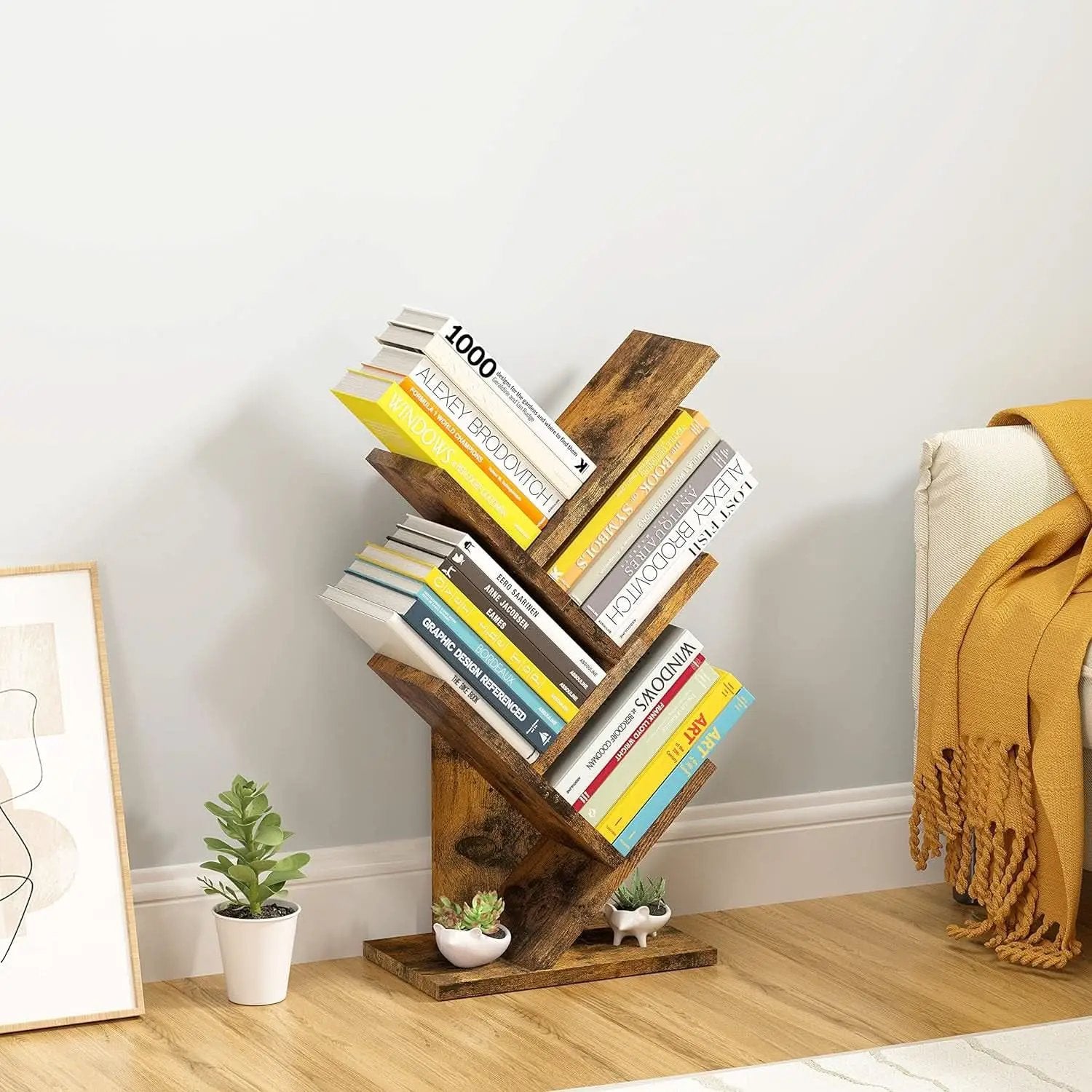 Rustic Brown 4 Tier Tree Bookshelf Free Standing Living Room from PriceLows™