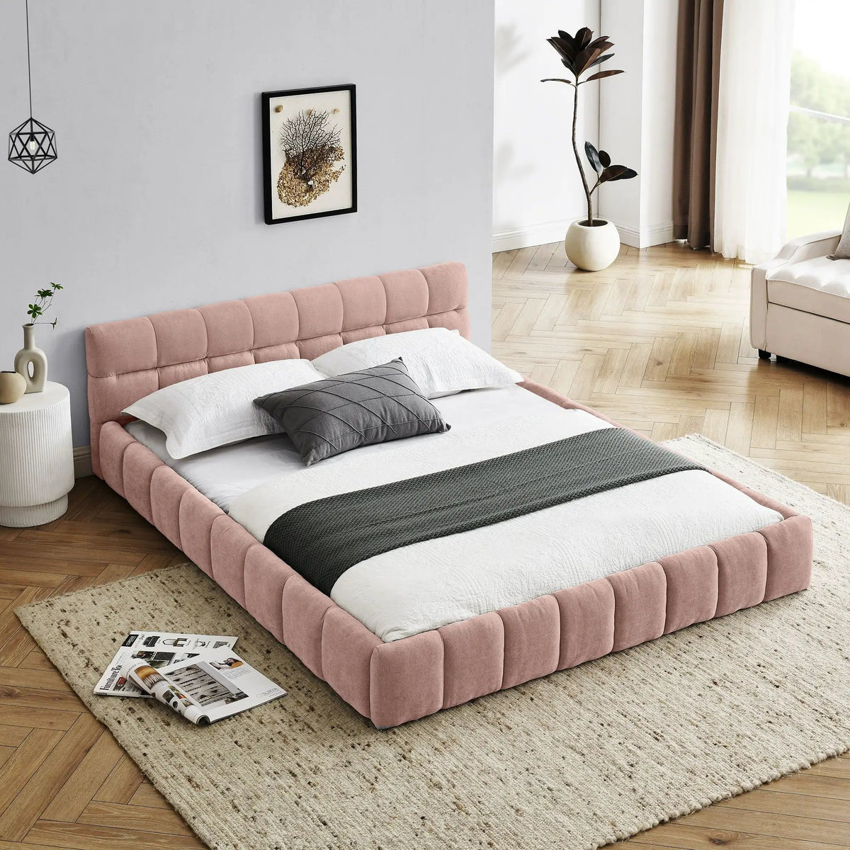 Modern Platform Storage Bed Frame | Thick Fabric Upholstery | Soft Headboard | Solid Construction