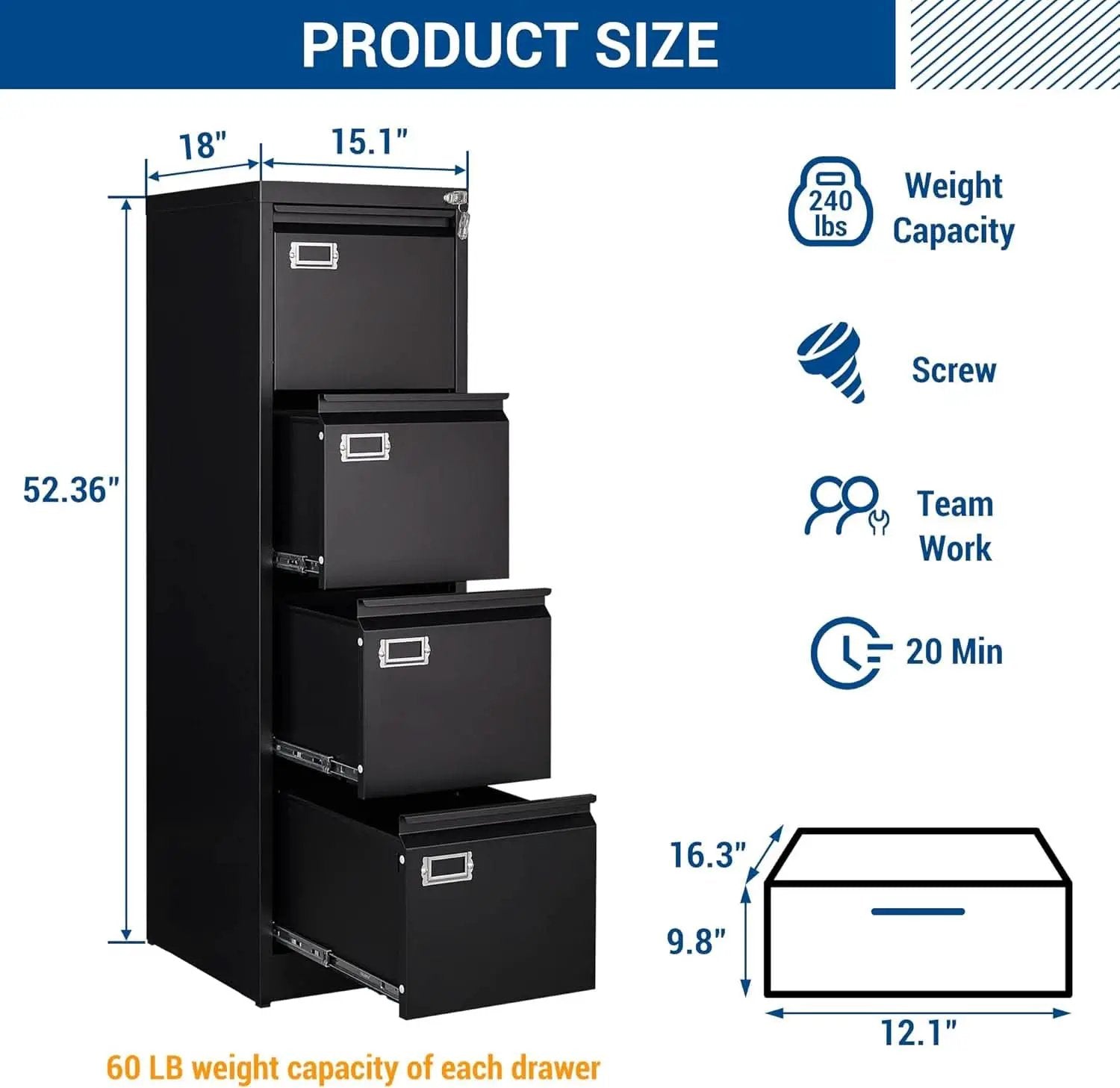 Lockable 4 Drawer Vertical File Cabinet Black Metal For Home Office from PriceLows™