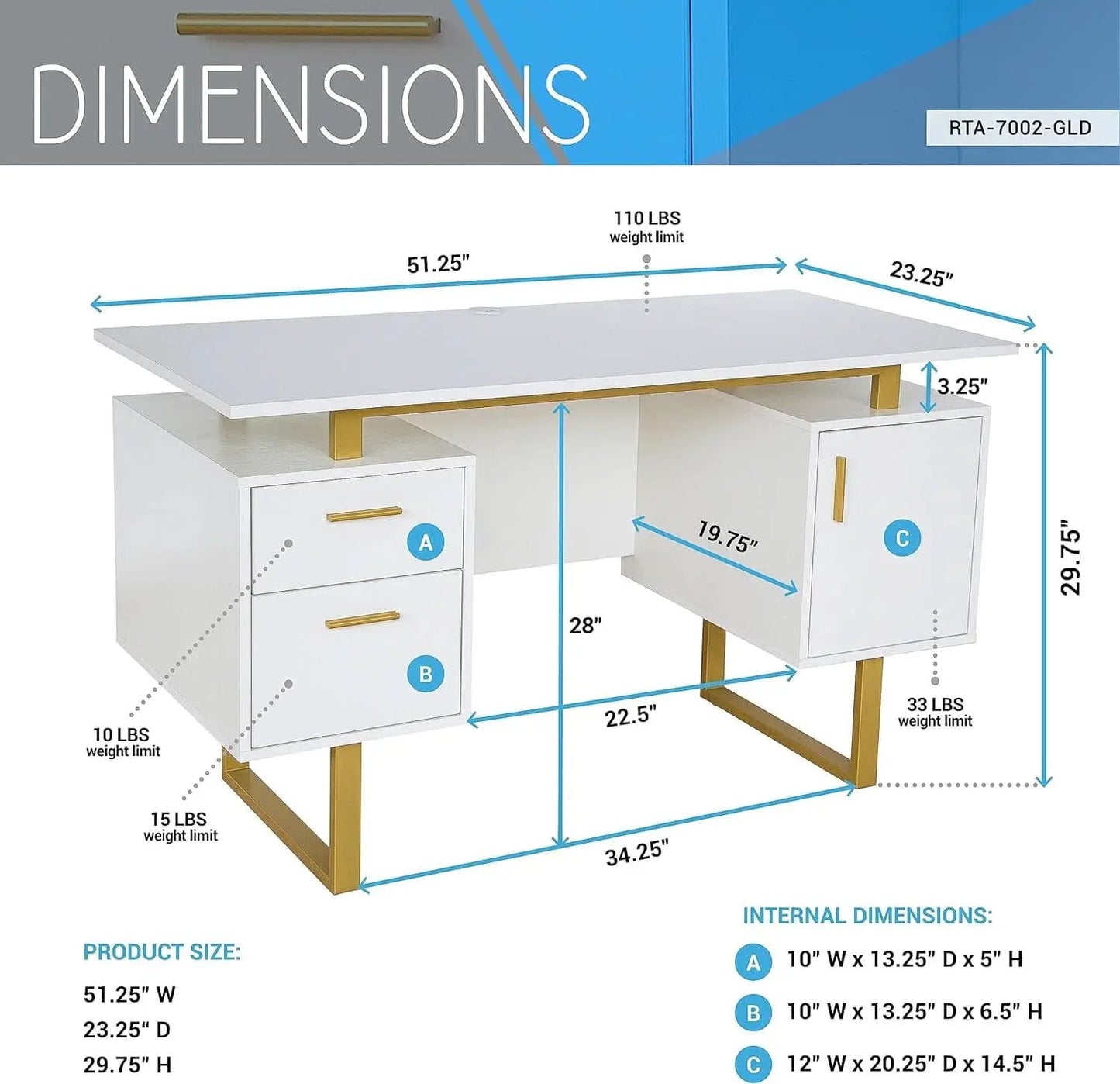 51 Inch White And Gold Desk With Storage Cabinet Drawers from PriceLows™