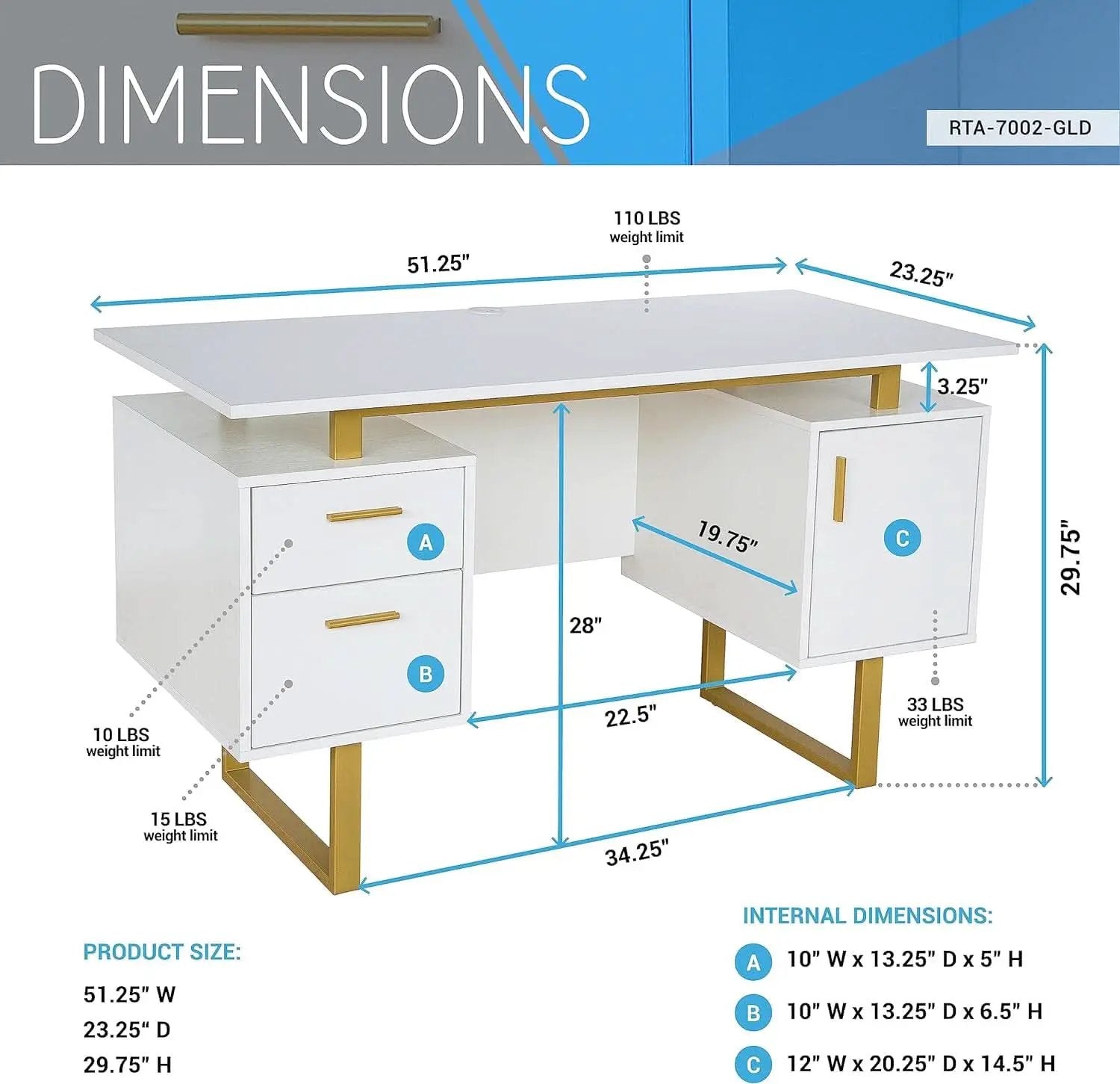 51 Inch White And Gold Desk With Storage Cabinet Drawers from PriceLows™