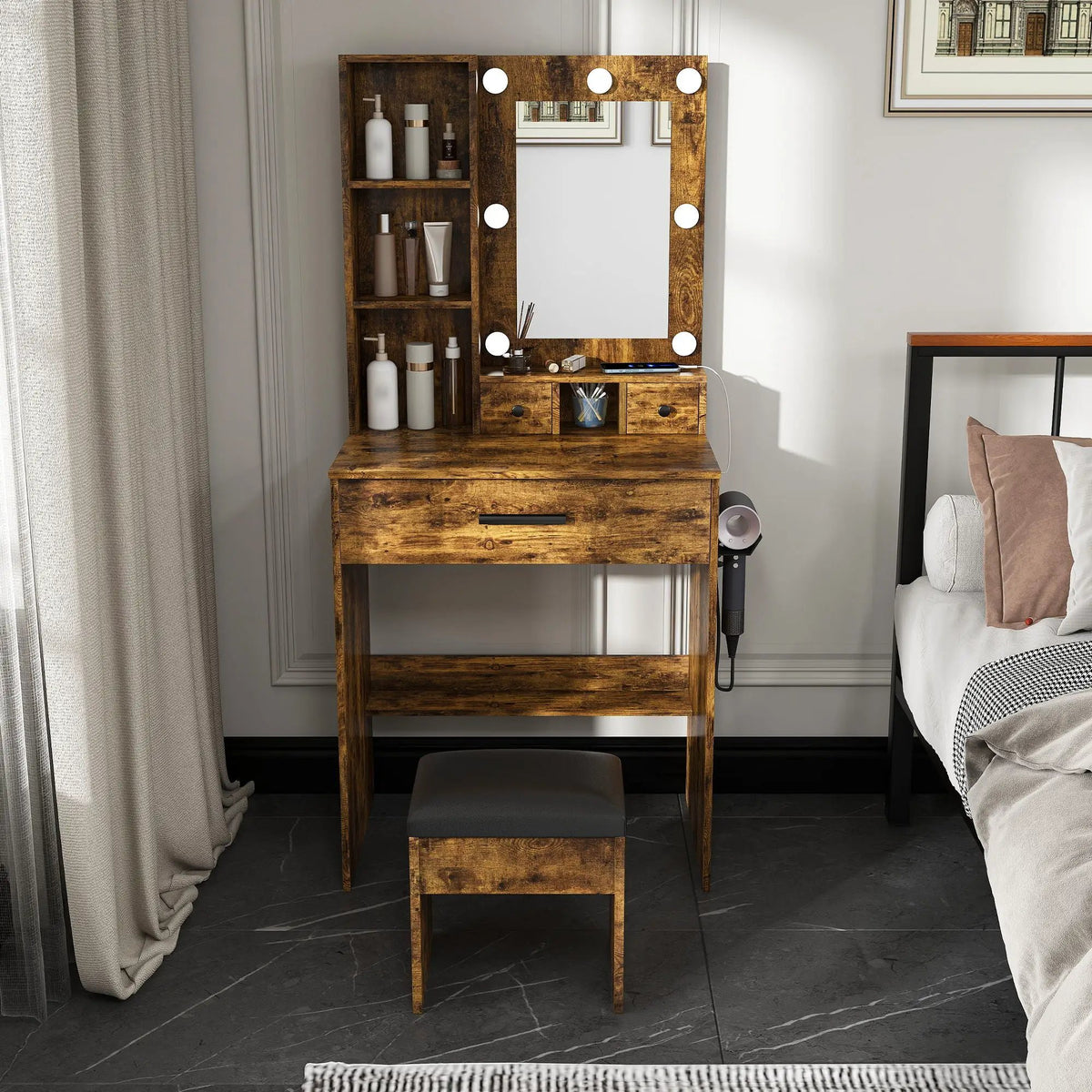Vanity Table | LED Mirror | Power Outlet | Includes Stool