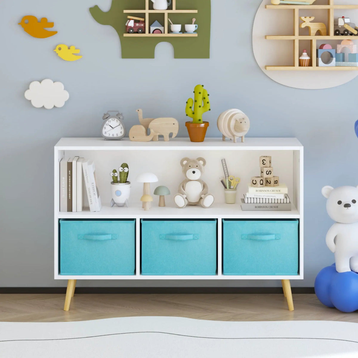 Bookcase | 3 Fabric Drawers | Tip Resistant Frame | White And Blue