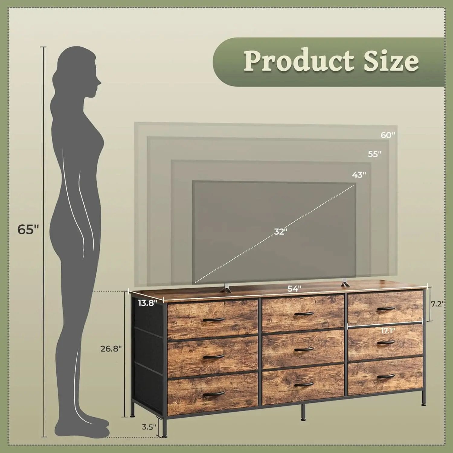 55 Inch Dresser TV Stand With 9 Fabric Drawers Rustic Brown from PriceLows™