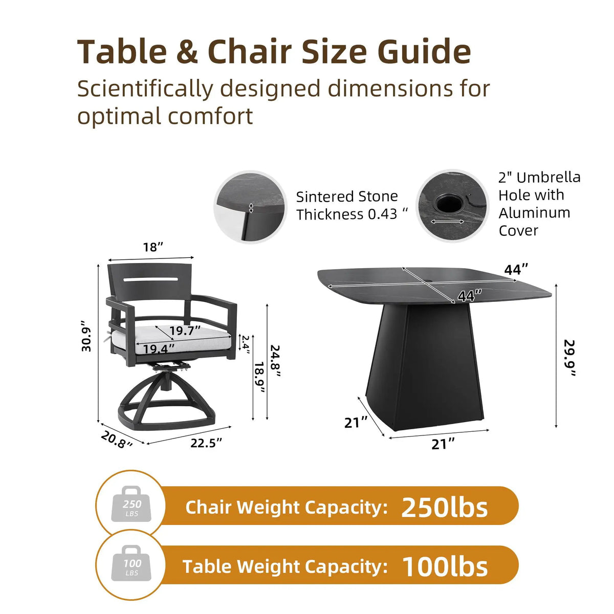 Outdoor Patio Dining Set | Squircle Sintered Stone Table | Sunbrella Cushion Chairs | Rust-Free Aluminum Frame