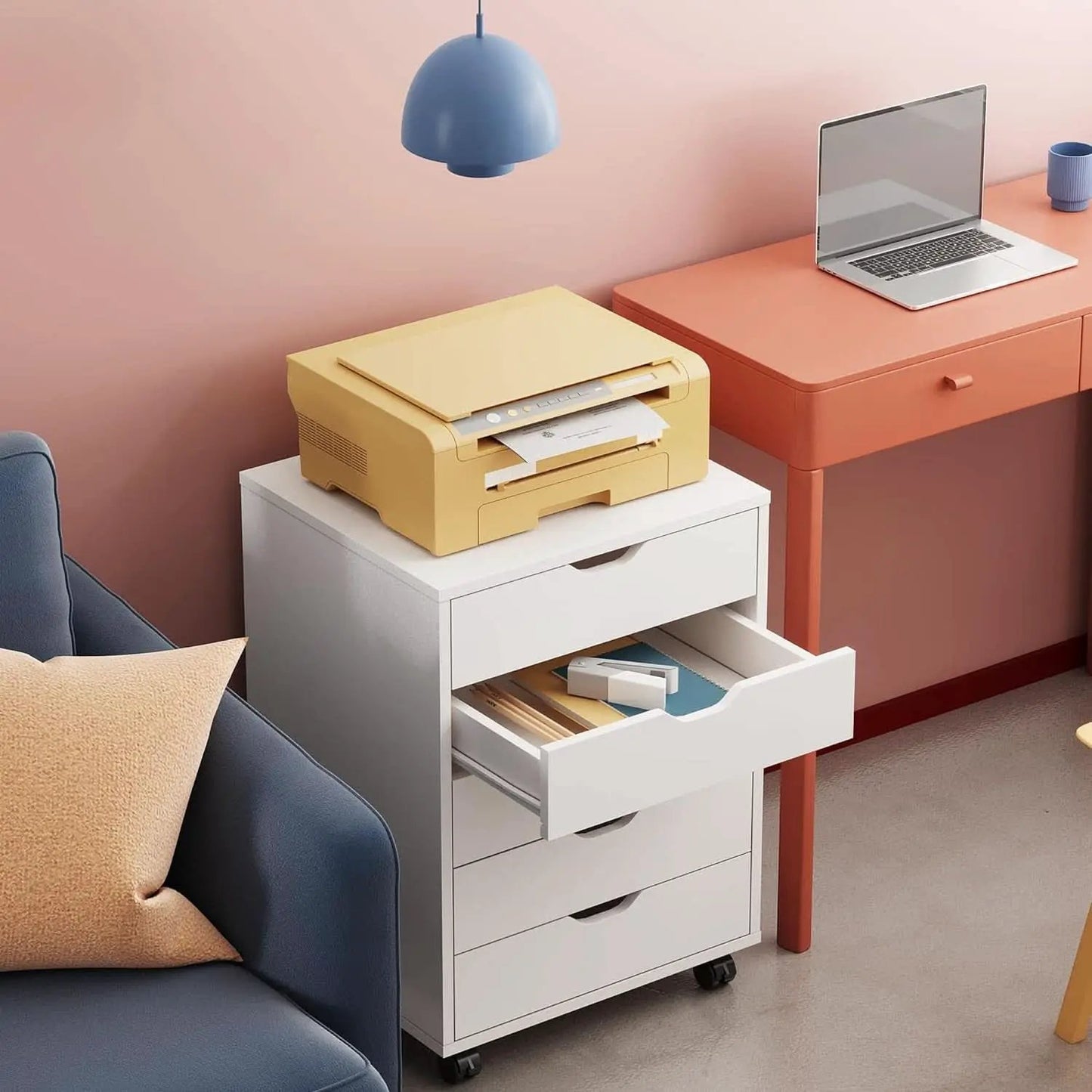 White 5 Drawer Wood File Cabinet With Wheels For Office from PriceLows™