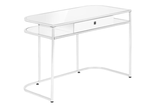 White Computer Desk | Glossy White And Chrome Metal | Storage Drawers | 47.25 Inch Length