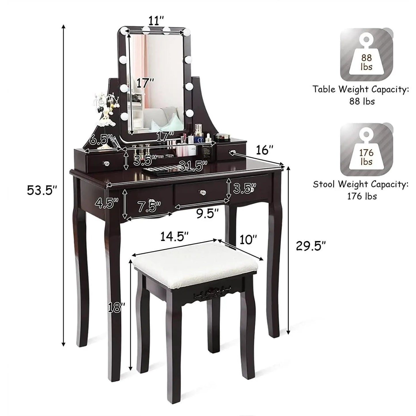 Brown Vanity Table Set With 10 LED Lights For Bedroom from PriceLows™