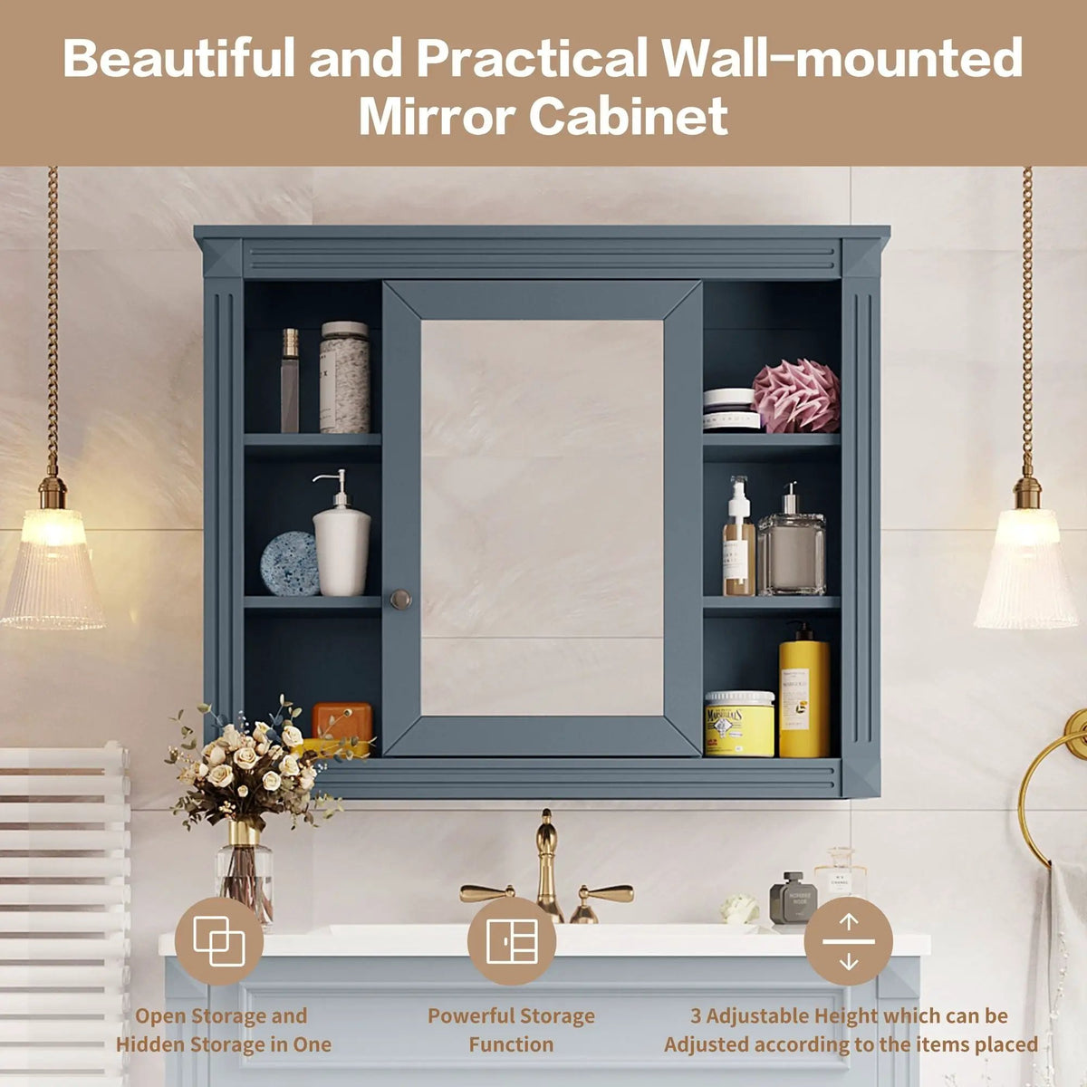 Bathroom Storage Cabinet With Mirror | 6 Open Shelves | Vintage Handle | Adjustable Interior