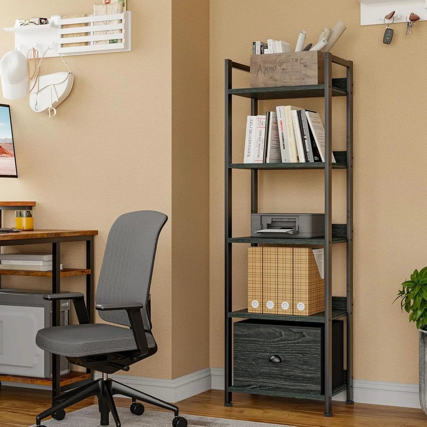 5 Tier Bookshelf With Drawer Black In Modern Rustic Style from PriceLows™