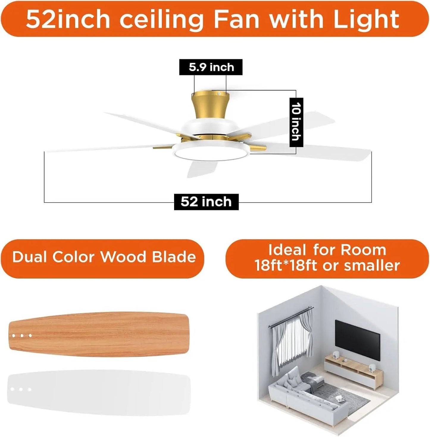 52 Inch Ceiling Fan With Remote Dimmable Lights White Gold from PriceLows™