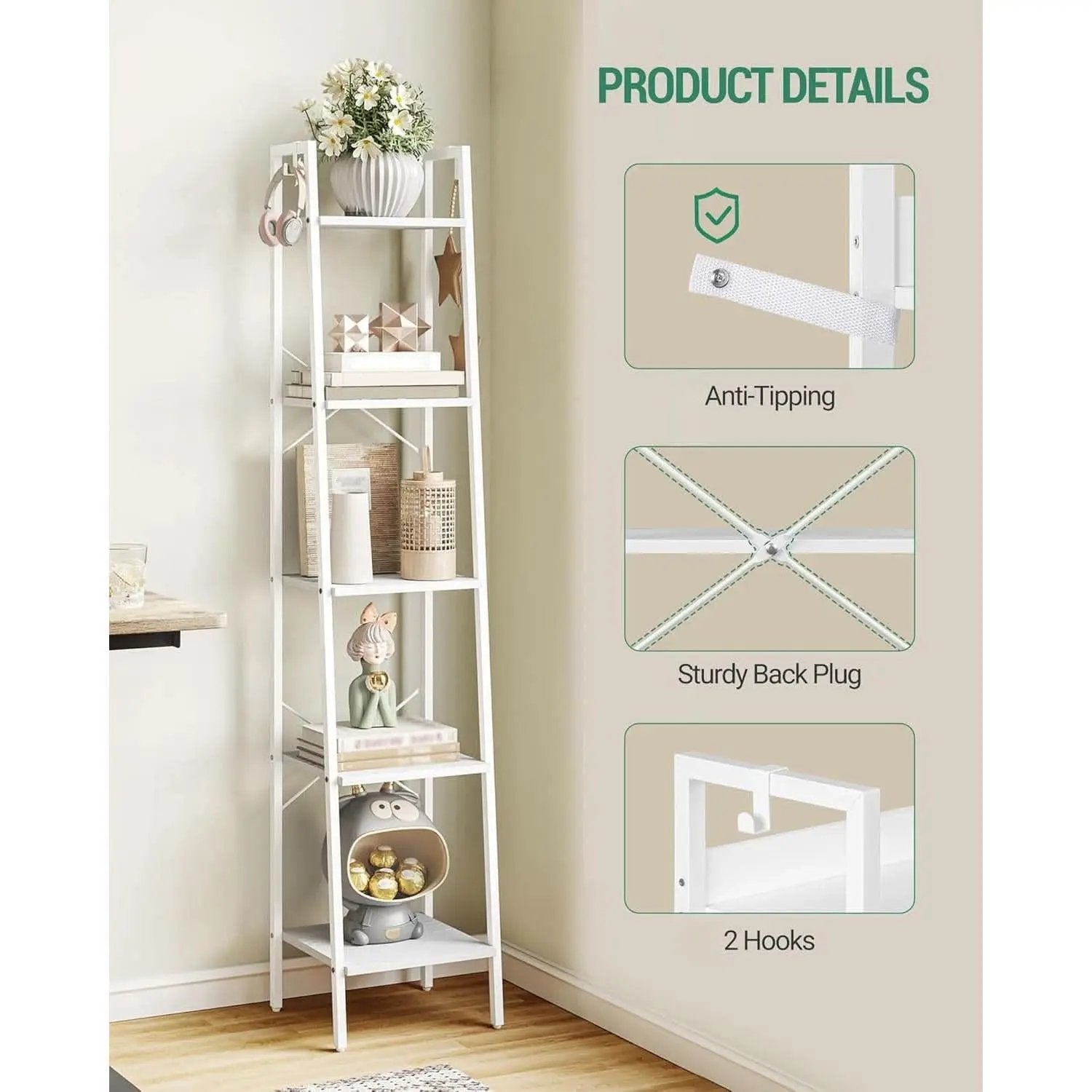 5 Tier White Ladder Shelf Bookcase With Two Hooks For Corner from PriceLows™