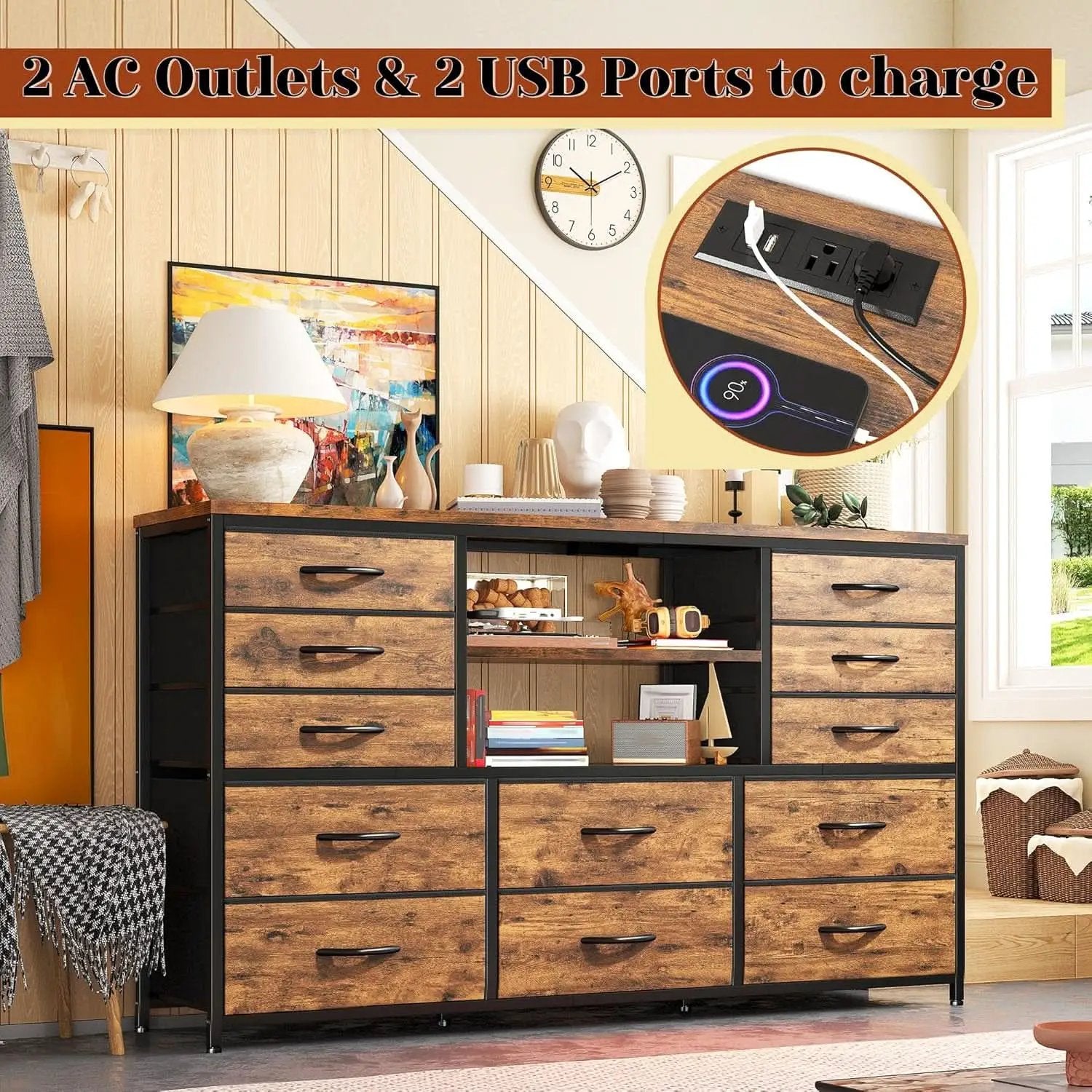 Dresser With LED Lights And Power Outlets 12 Fabric Drawers from PriceLows™