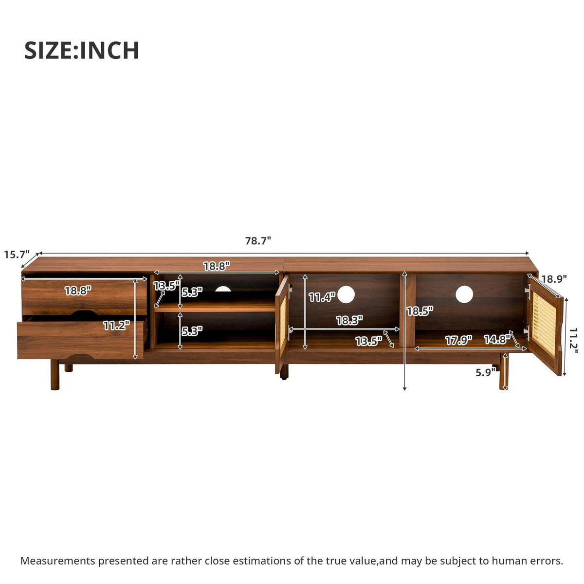 85 Inch TV Stand | Media Console With 2 Drawers | Woven Rattan Panels | Walnut