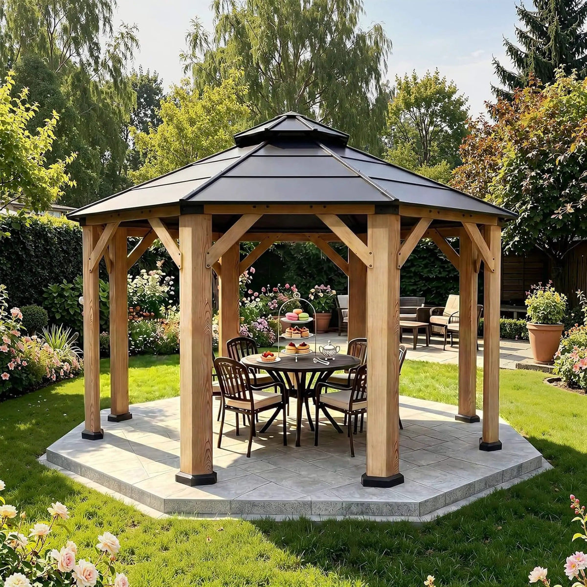Premium All-Weather Octagonal Double Hardtop Cedar Wood Gazebo | Wood | Home Use | Home