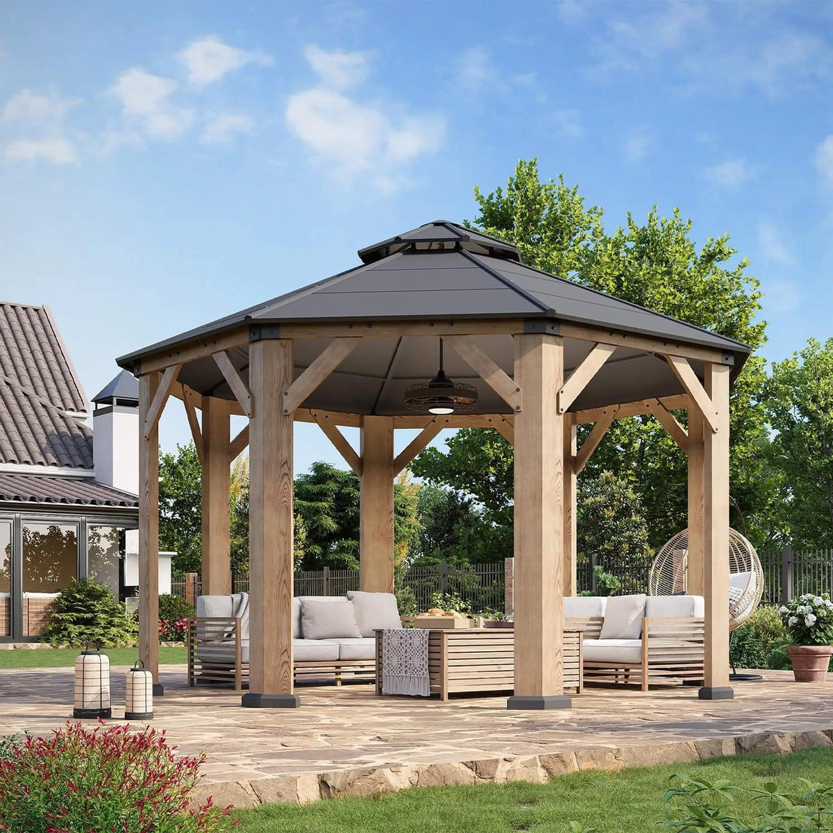 Premium All-Weather Octagonal Double Hardtop Cedar Wood Gazebo | Wood | Home Use | Home