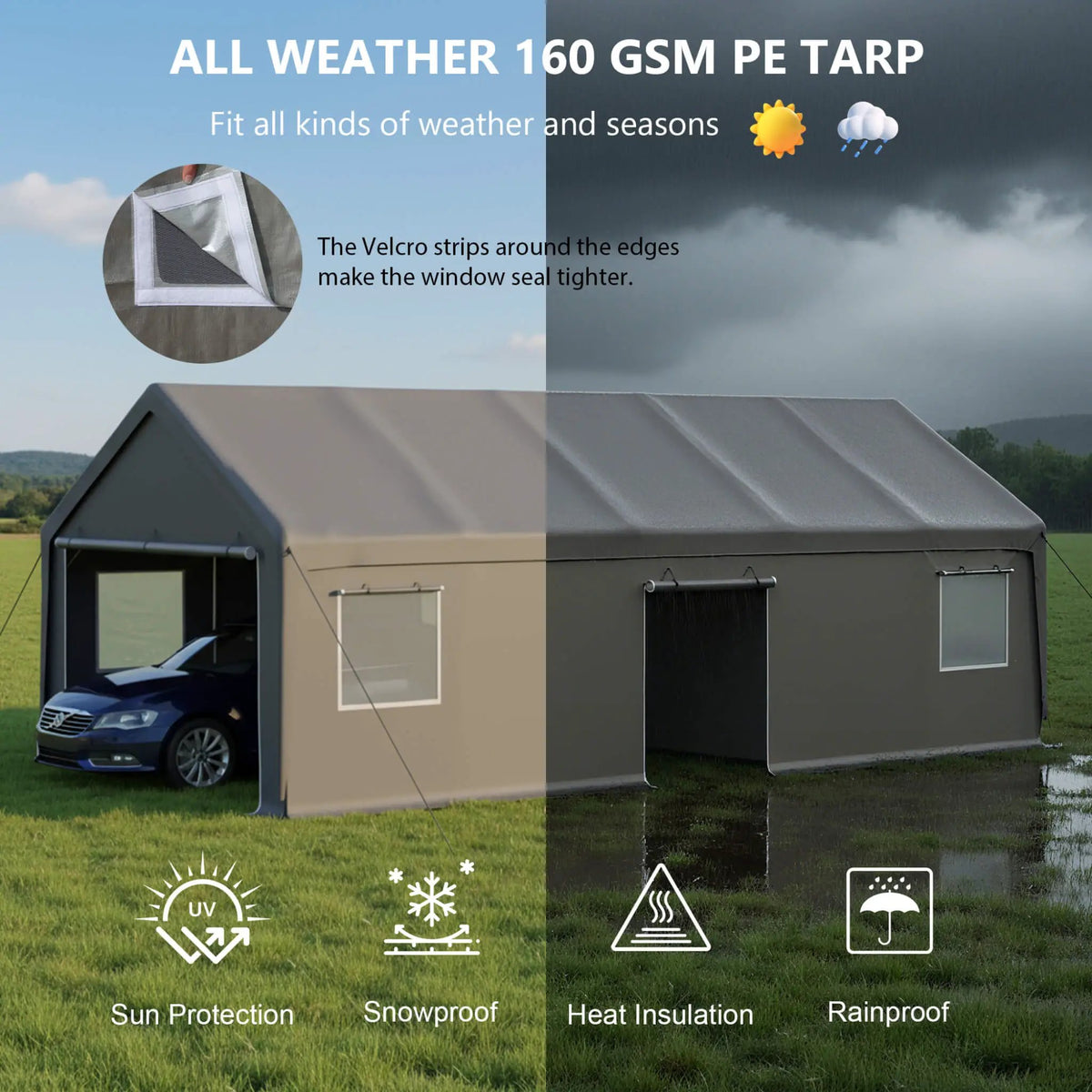 Heavy-Duty Carport Canopy | 13x26 Ft | Roll-Up Doors And Windows | Powder-Coated Steel Frame