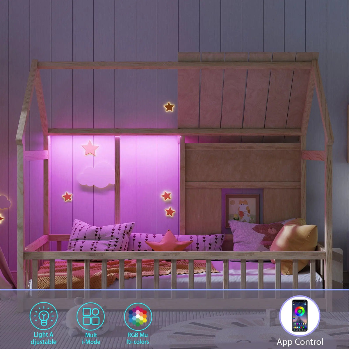 House Floor Bed | 7 Color LED Lights | Built In Bookshelf