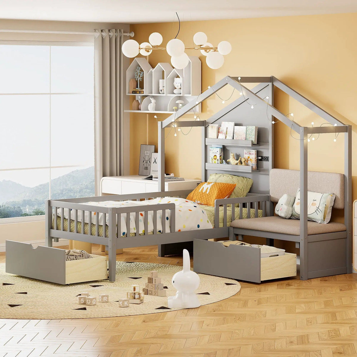 House Bed With Upholstered Sofa, Wireless Charging Station, Shelves And 2 Drawers | 2 Pieces | 2-Drawer | Bedroom