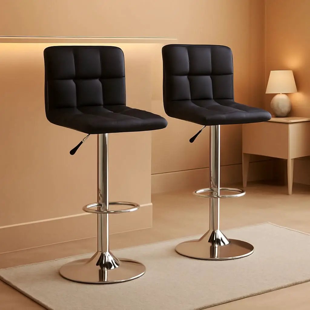 Set Of 2 Adjustable Swivel Bar Stools Black PU Leather from PriceLows™