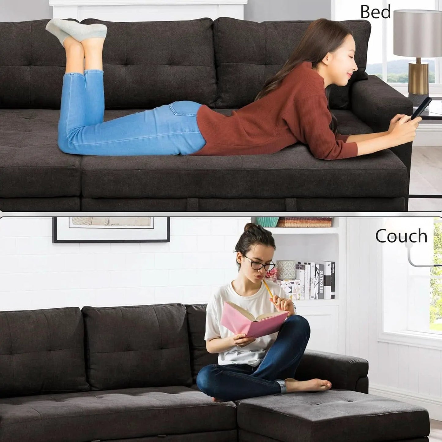 Espresso Velvet Sleeper Sectional Sofa Bed Chaise Set from PriceLows™