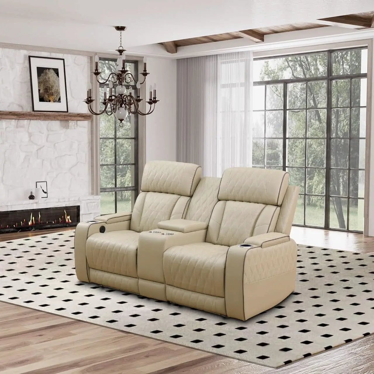 Power Reclining Leather Sofa Set With USB Ports Khaki from PriceLows™
