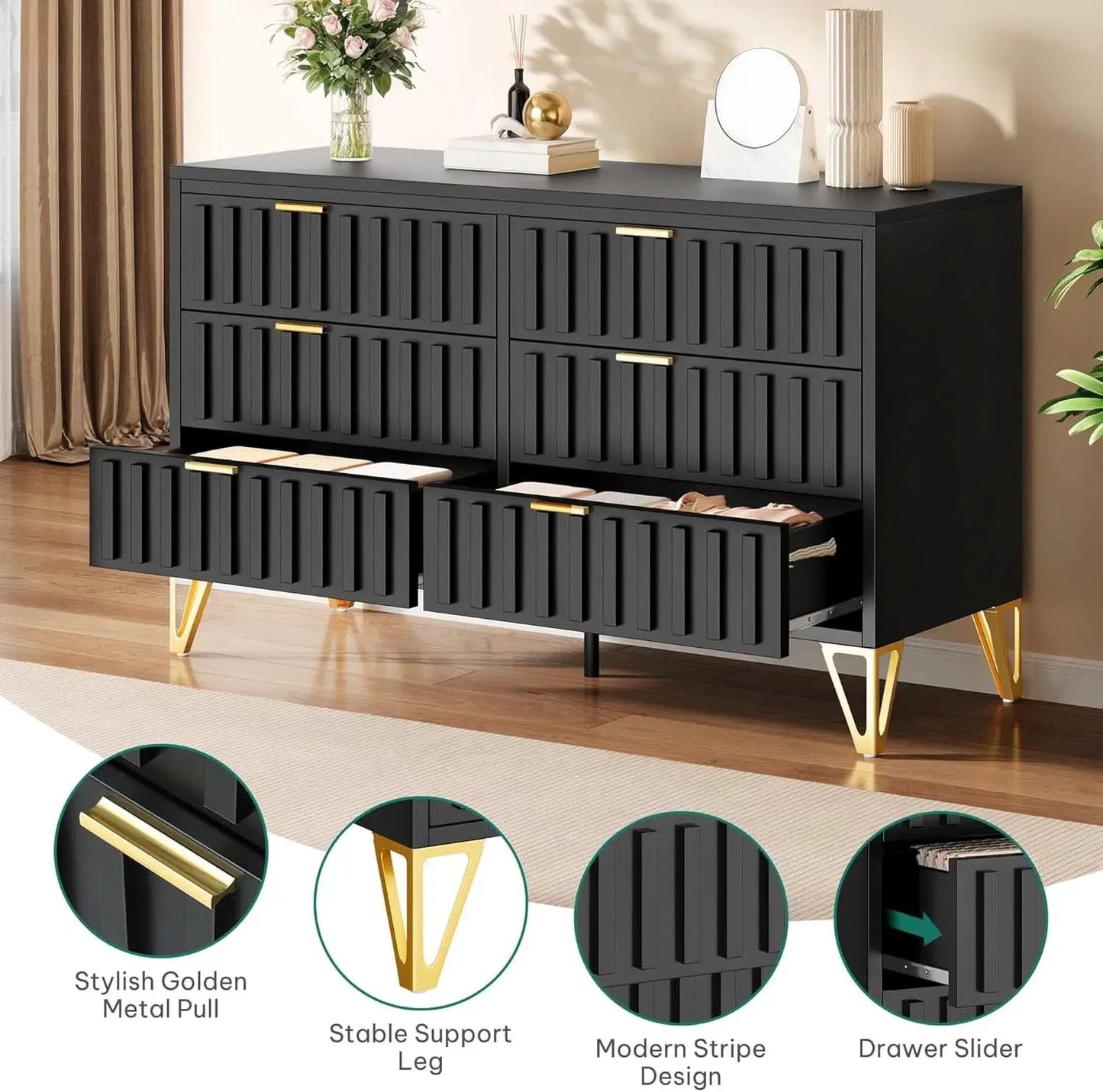 Fluted Stainlesssteel Dresser Six Drawer Black Mattefinish from PriceLows™