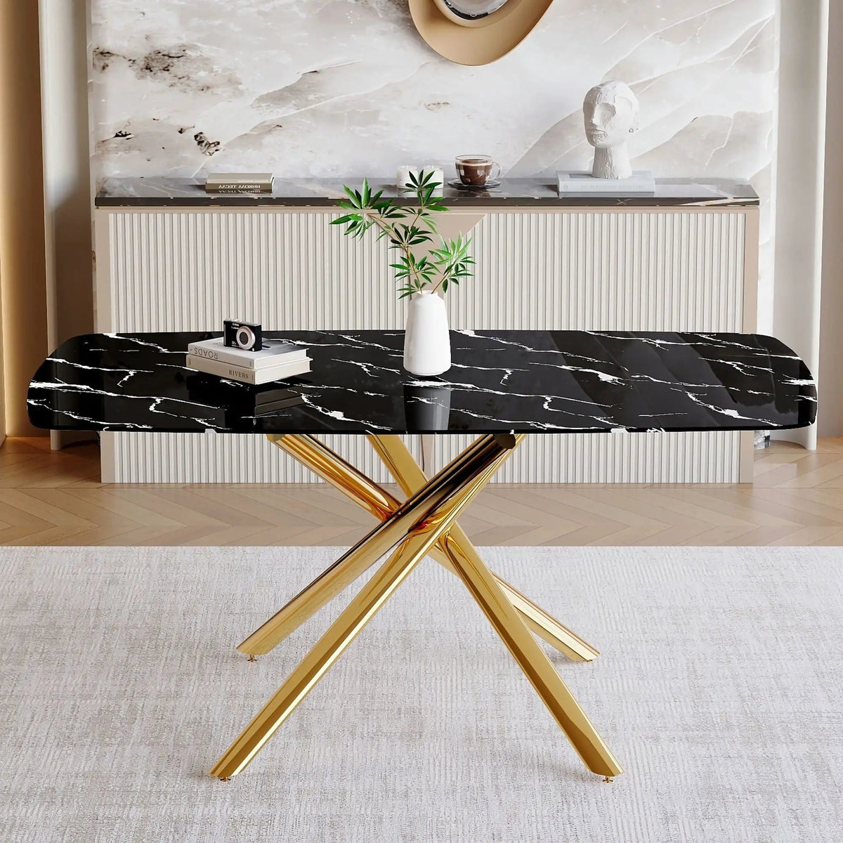 Luxurious Marble Patterned Dining Table With Metal Fork Legs | 63 x 35.4 x 30 in | Marble & Tempered Glass | Dining Room