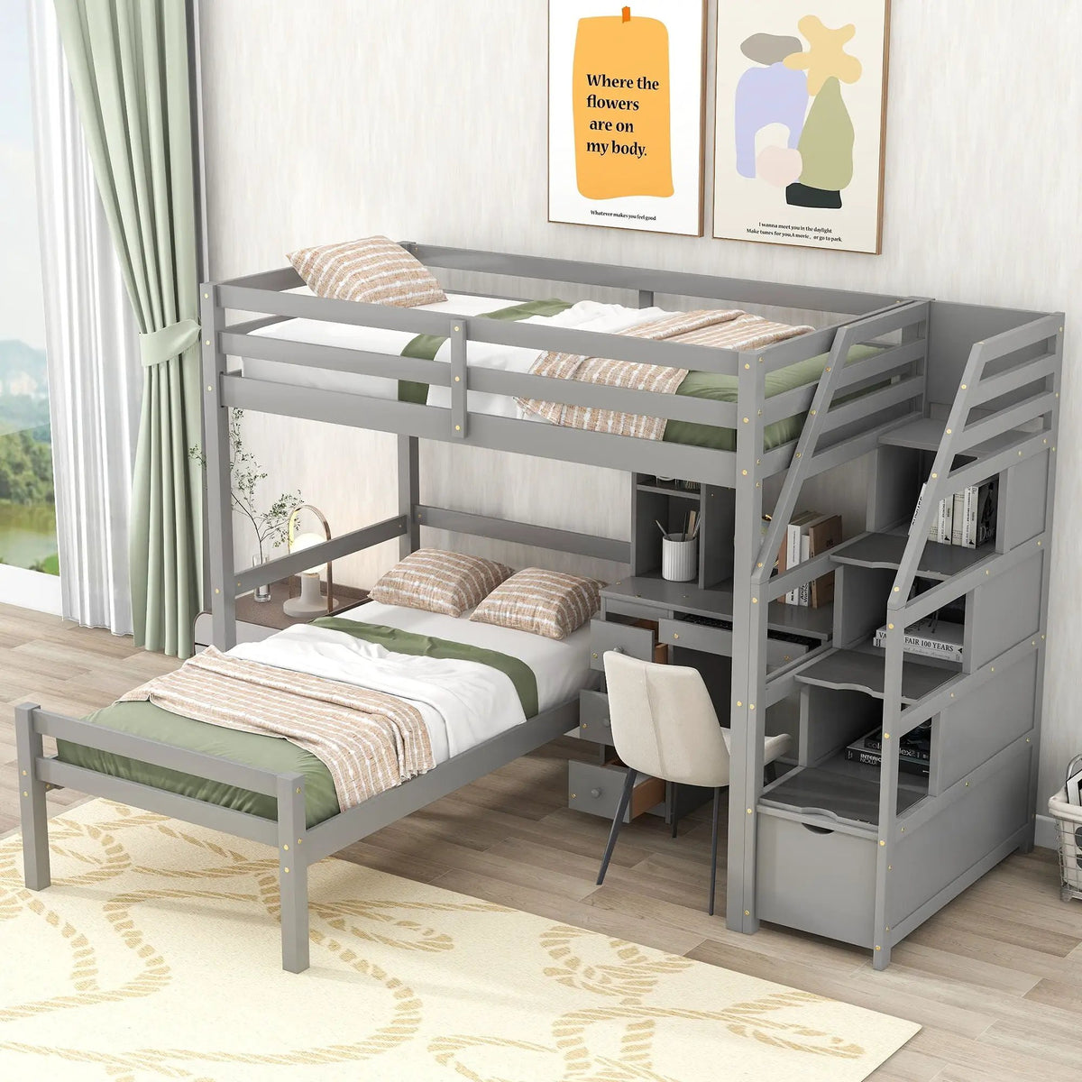 Loft Bed | Separable Design | Storage Staircase | Pine Frame