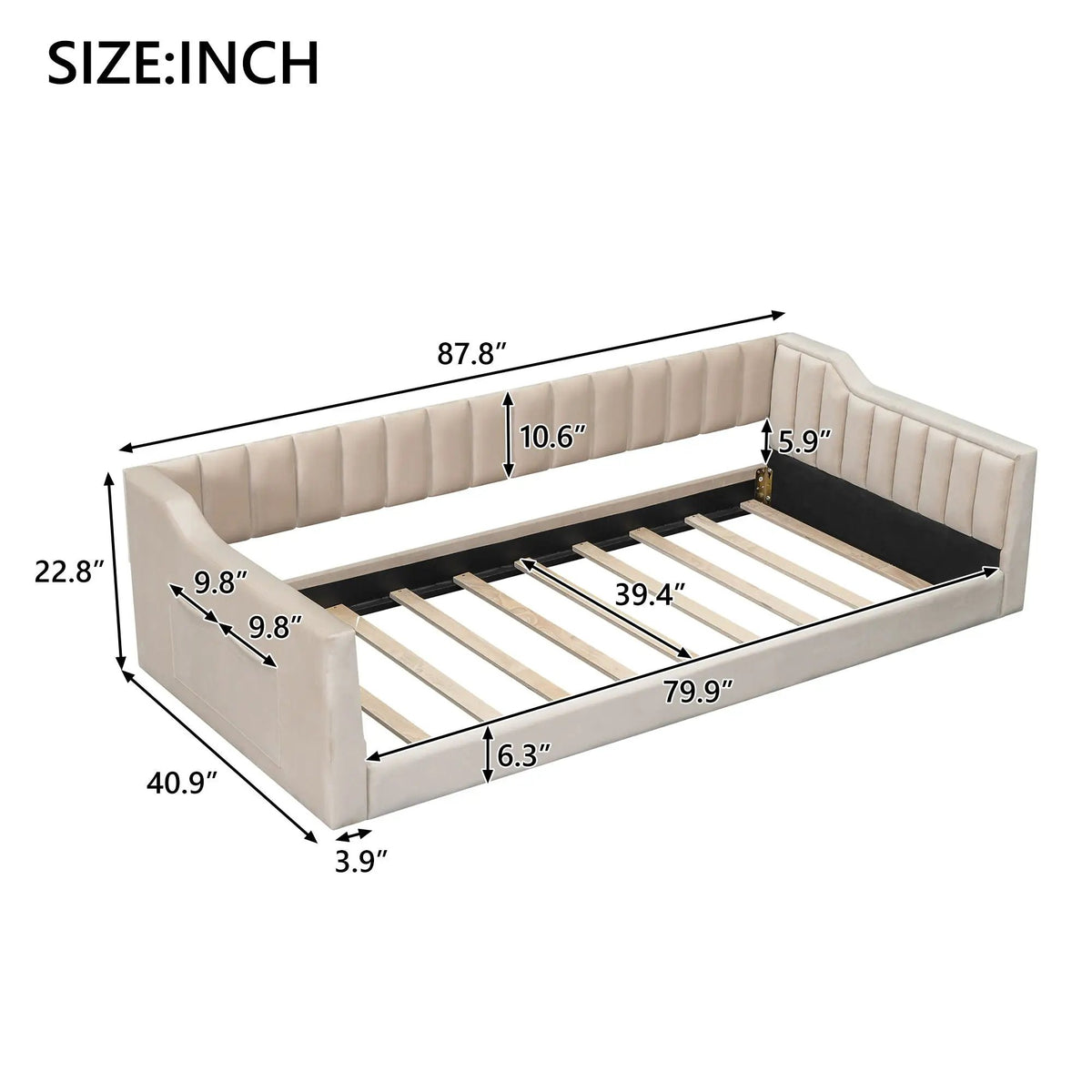 Compact Daybed | Side Storage Pocket | Vertical Stripe Upholstery | 87.8 Inch Length