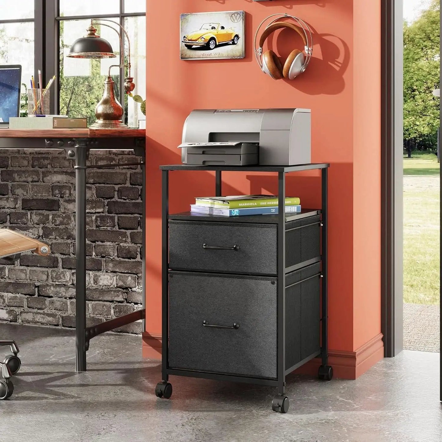 Mobile File Cabinet With Rolling Printer Stand Black Finish from PriceLows™