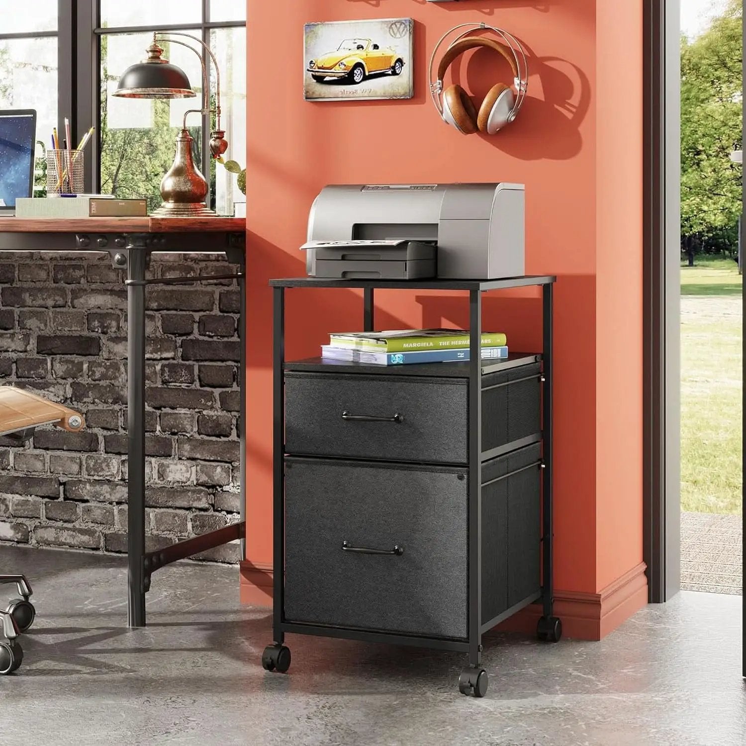 Mobile File Cabinet With Rolling Printer Stand Black Finish from PriceLows™