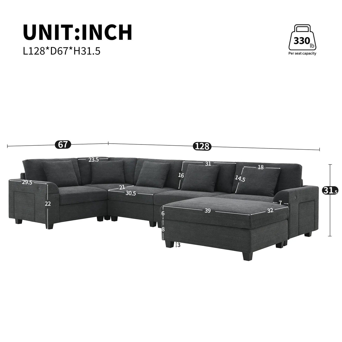 U Shape Sectional Sofa | 6 Seat | USB Charging | With Ottoman