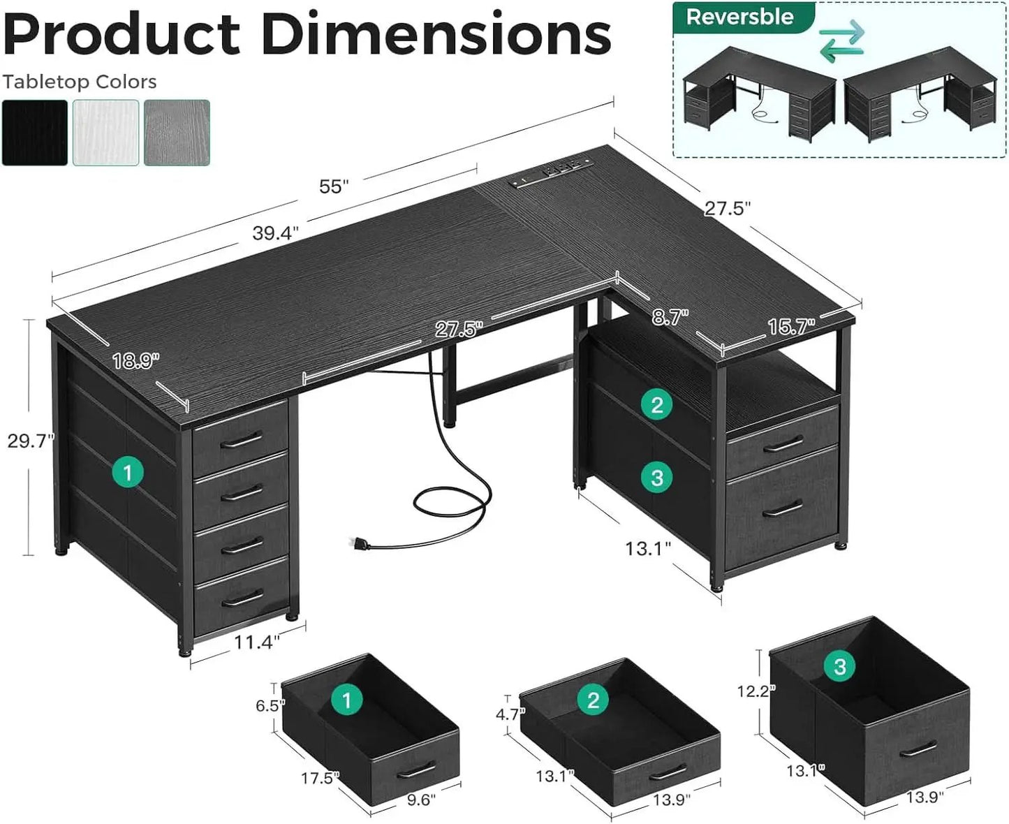 L Shaped Computer Desk 55 Inch With 6 Drawers Home Office from PriceLows™