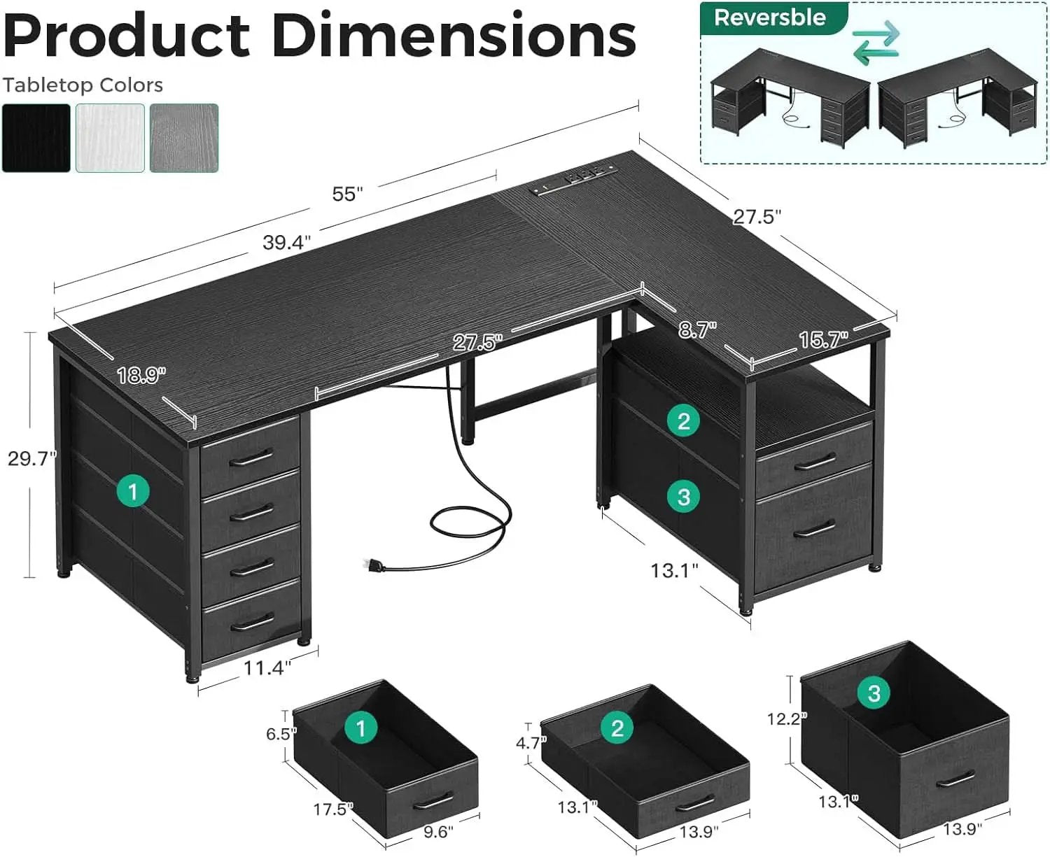 L Shaped Computer Desk 55 Inch With 6 Drawers Home Office from PriceLows™