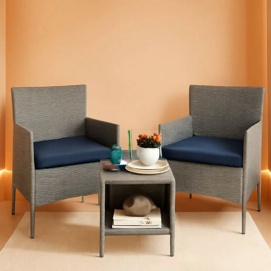 3-Piece Outdoor Wicker Bistro Set Gray and Navy Patio Furniture from PriceLows™
