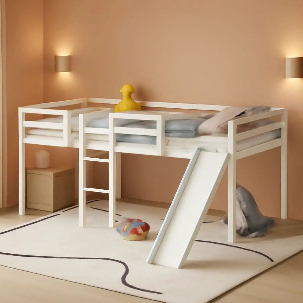 Wooden Twin Loft Bed With Slide And Ladder White For Kids Teens from PriceLows™