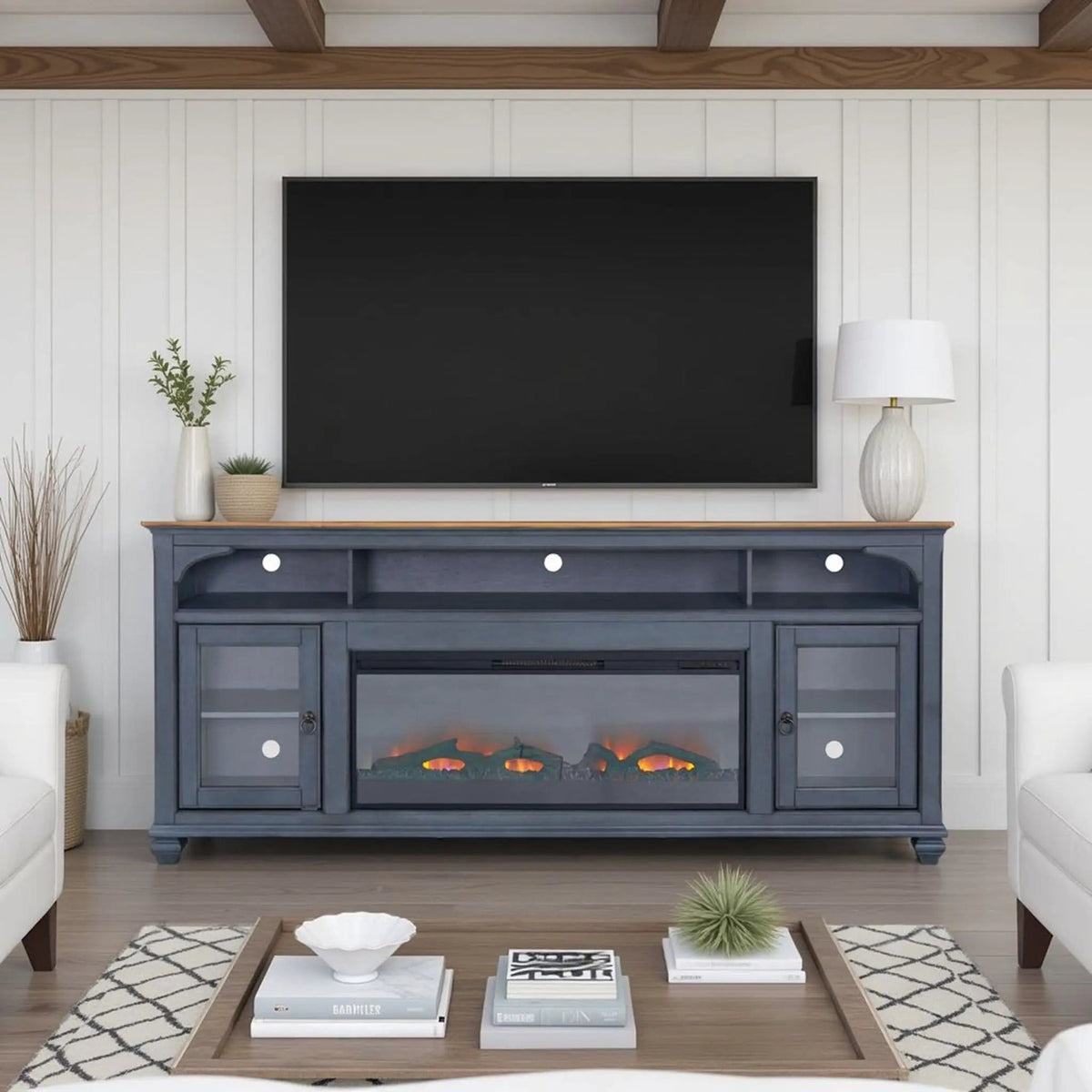 Fireplace TV Stand For TVs Up To 95" - | 86 x 18 x 34 in | Glass | Blue
